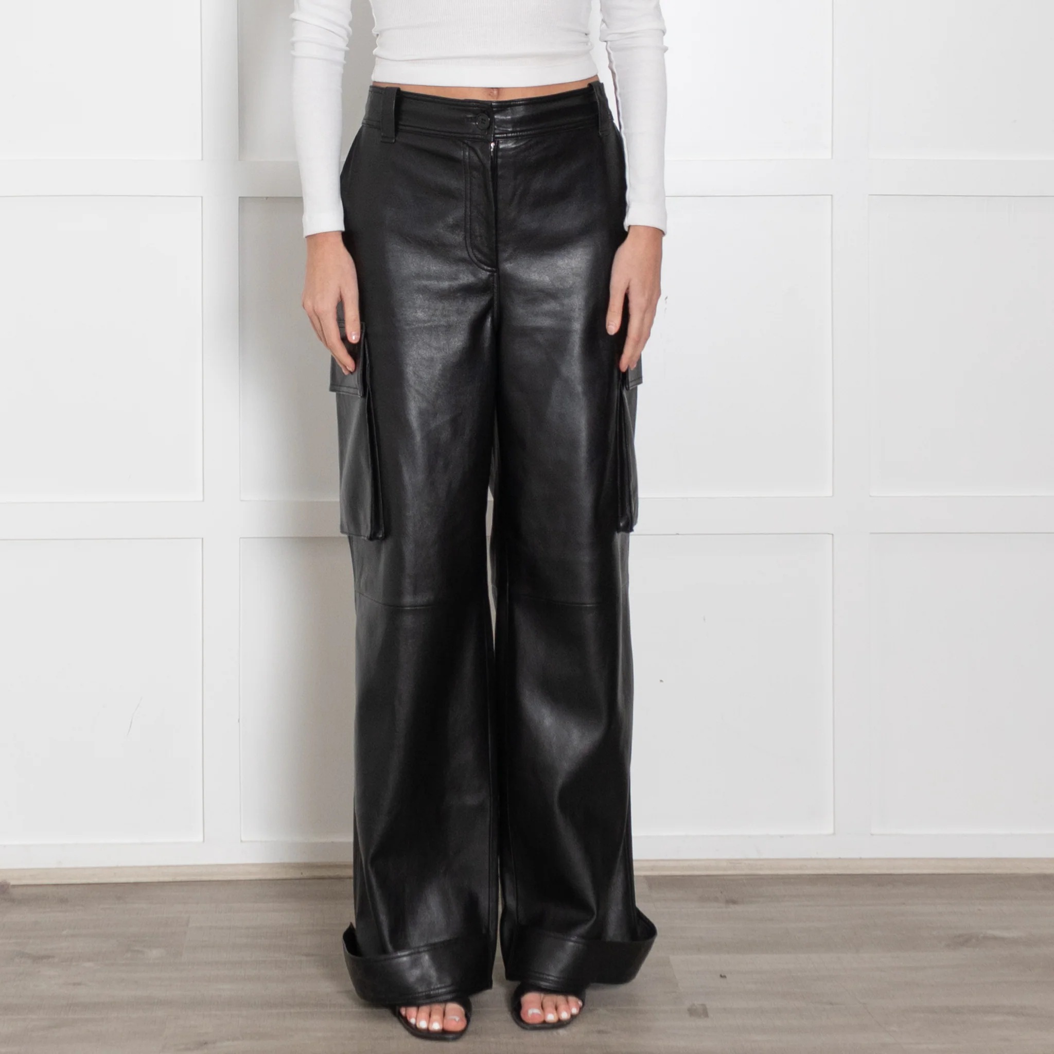 Stand Studio Black Faux Leather Cargo Trousers - Image 2