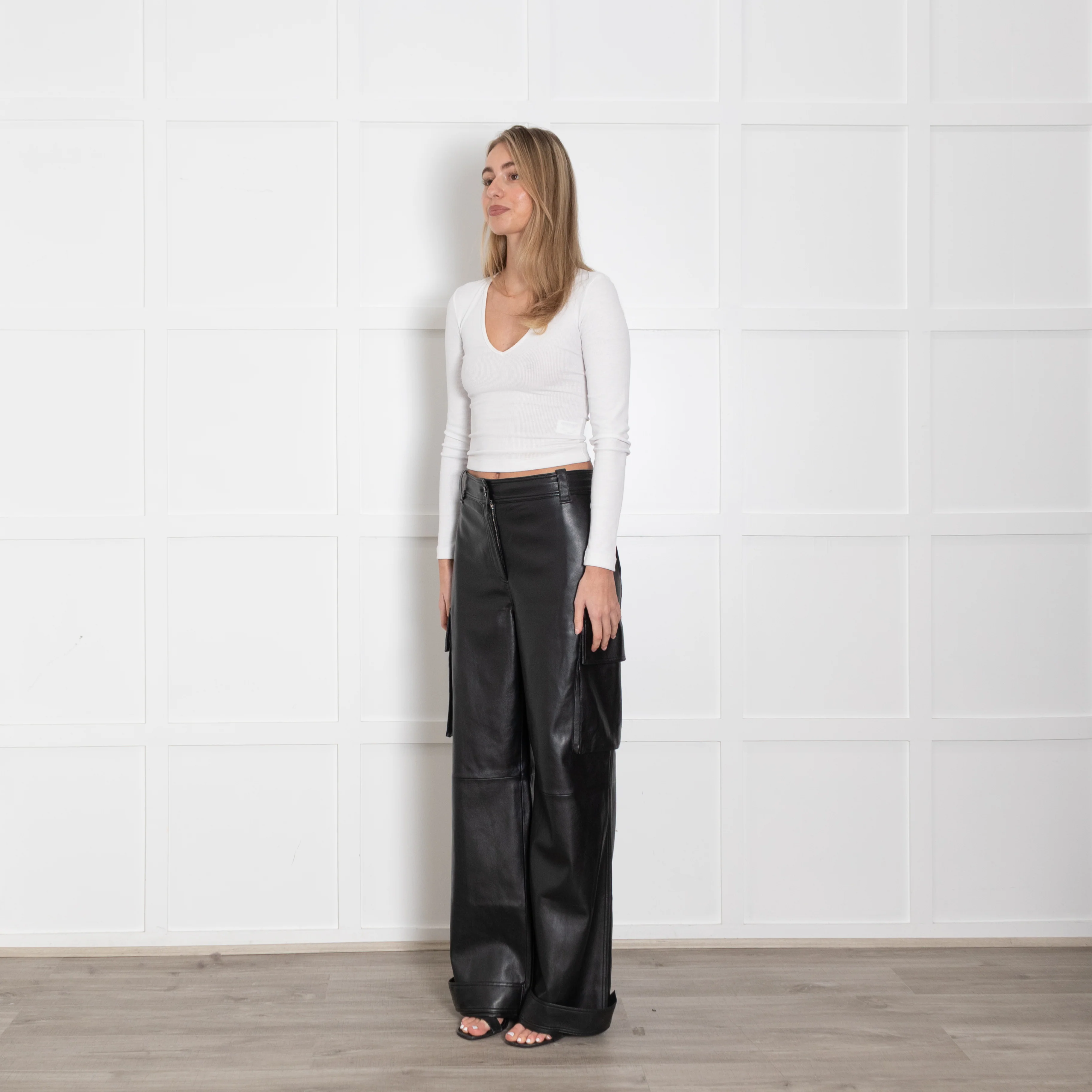 Stand Studio Black Faux Leather Cargo Trousers - Image 3