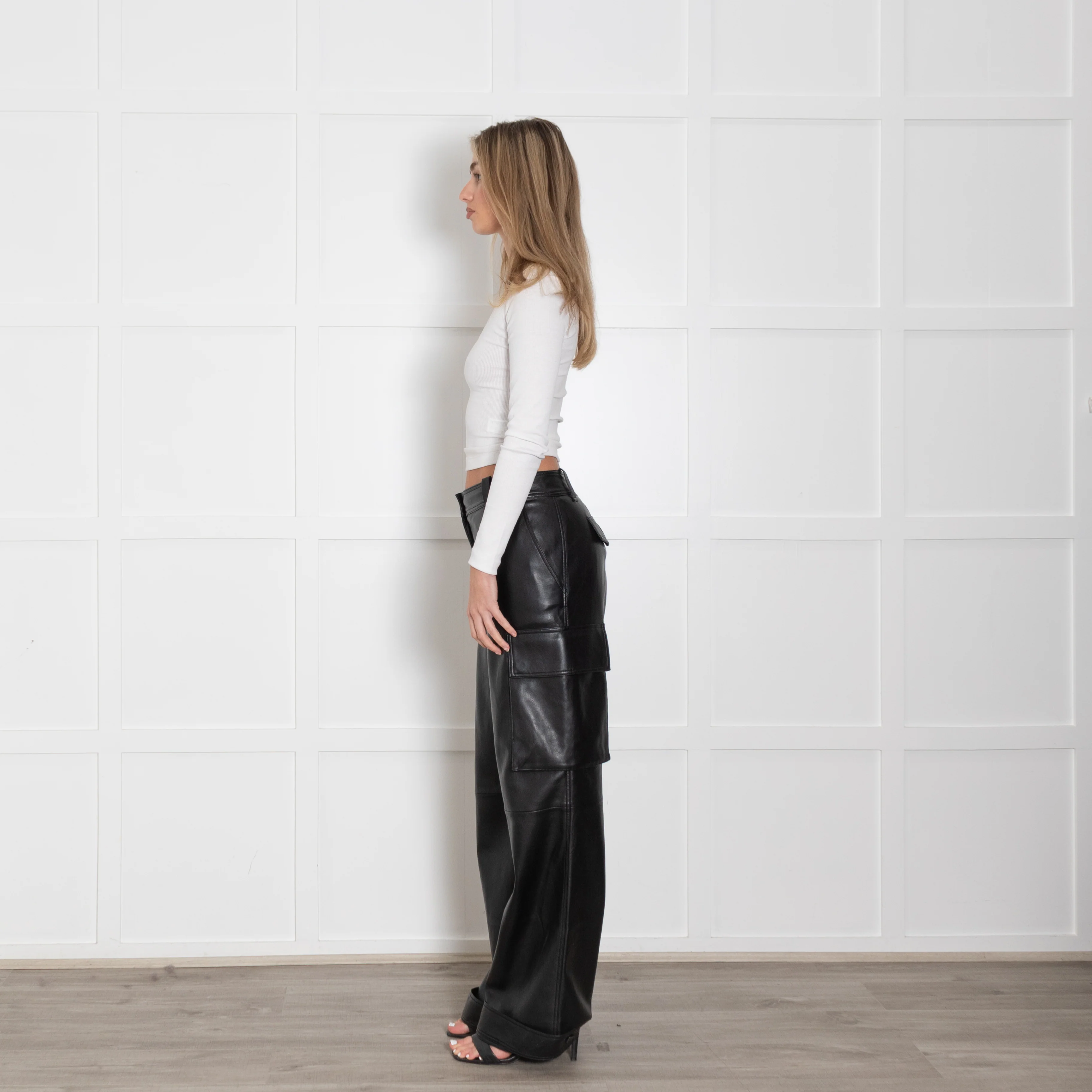 Stand Studio Black Faux Leather Cargo Trousers - Image 4