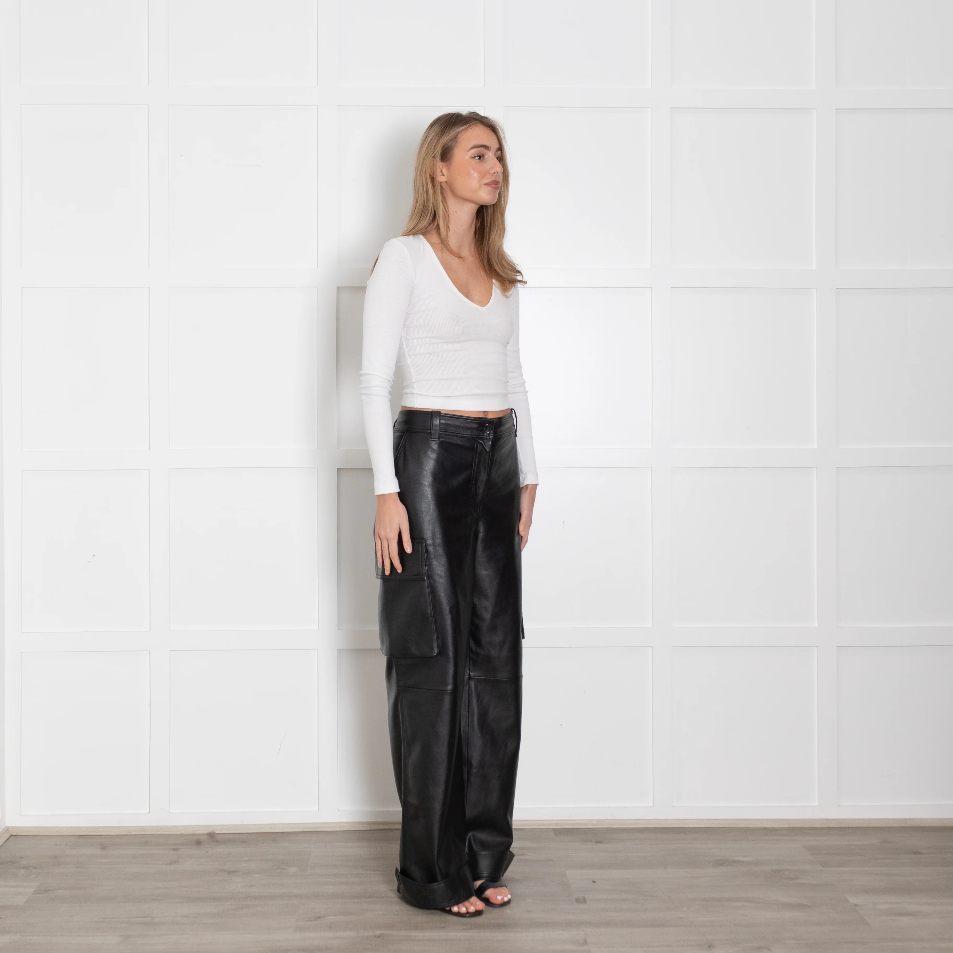 Stand Studio Black Faux Leather Cargo Trousers - Image 6