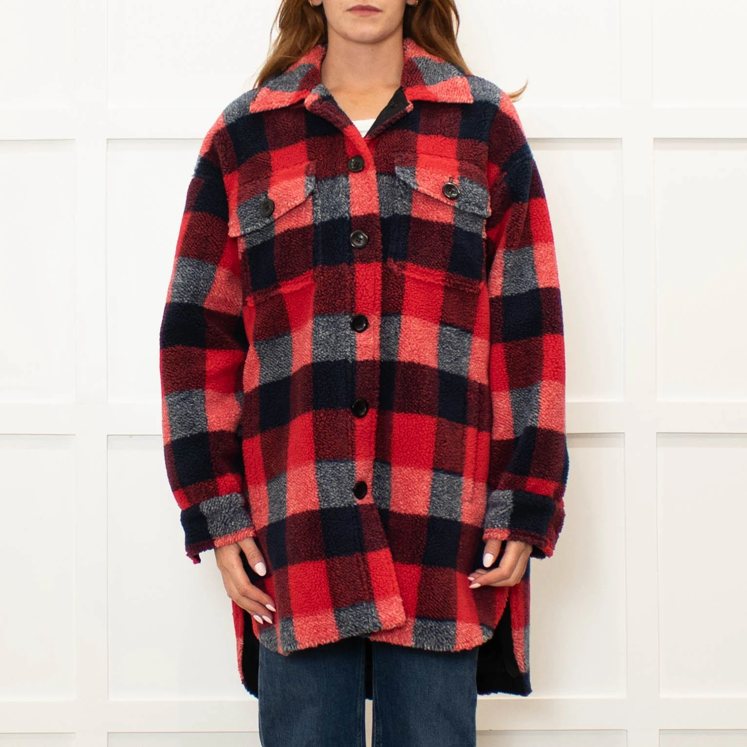 Stand Studio Red  Oversized Checked Faux Shearling Jacket - Image 2