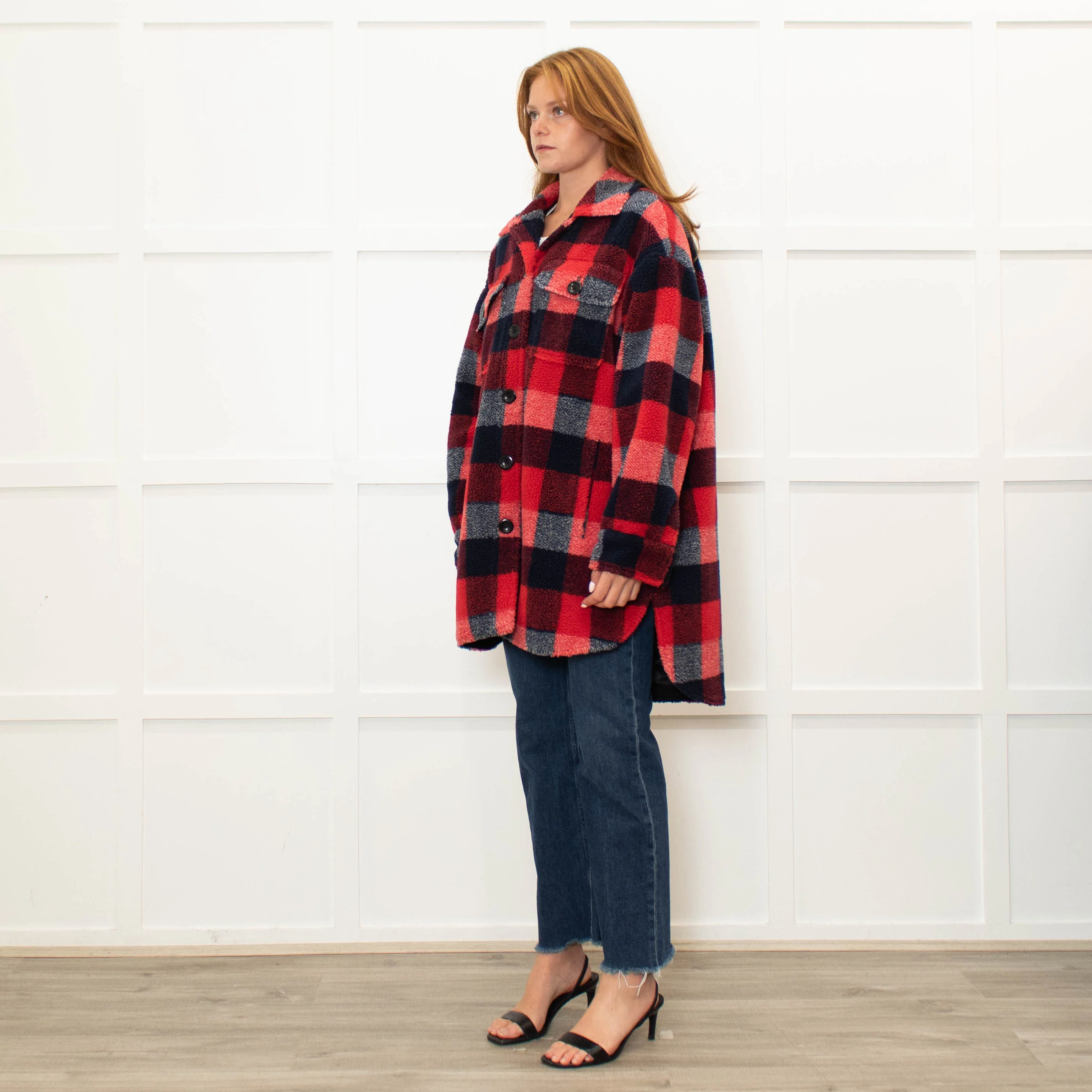 Stand Studio Red  Oversized Checked Faux Shearling Jacket - Image 3