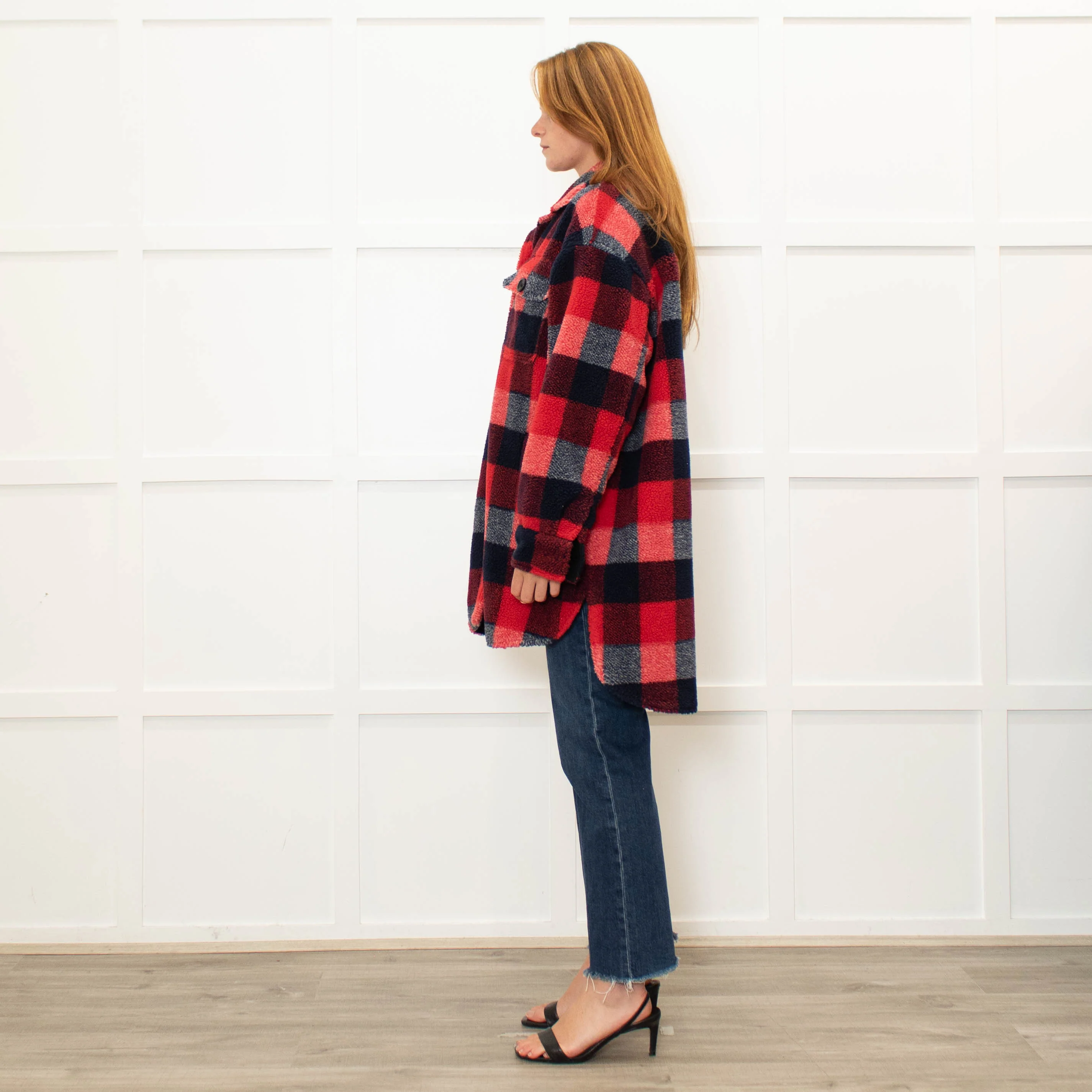 Stand Studio Red  Oversized Checked Faux Shearling Jacket - Image 4