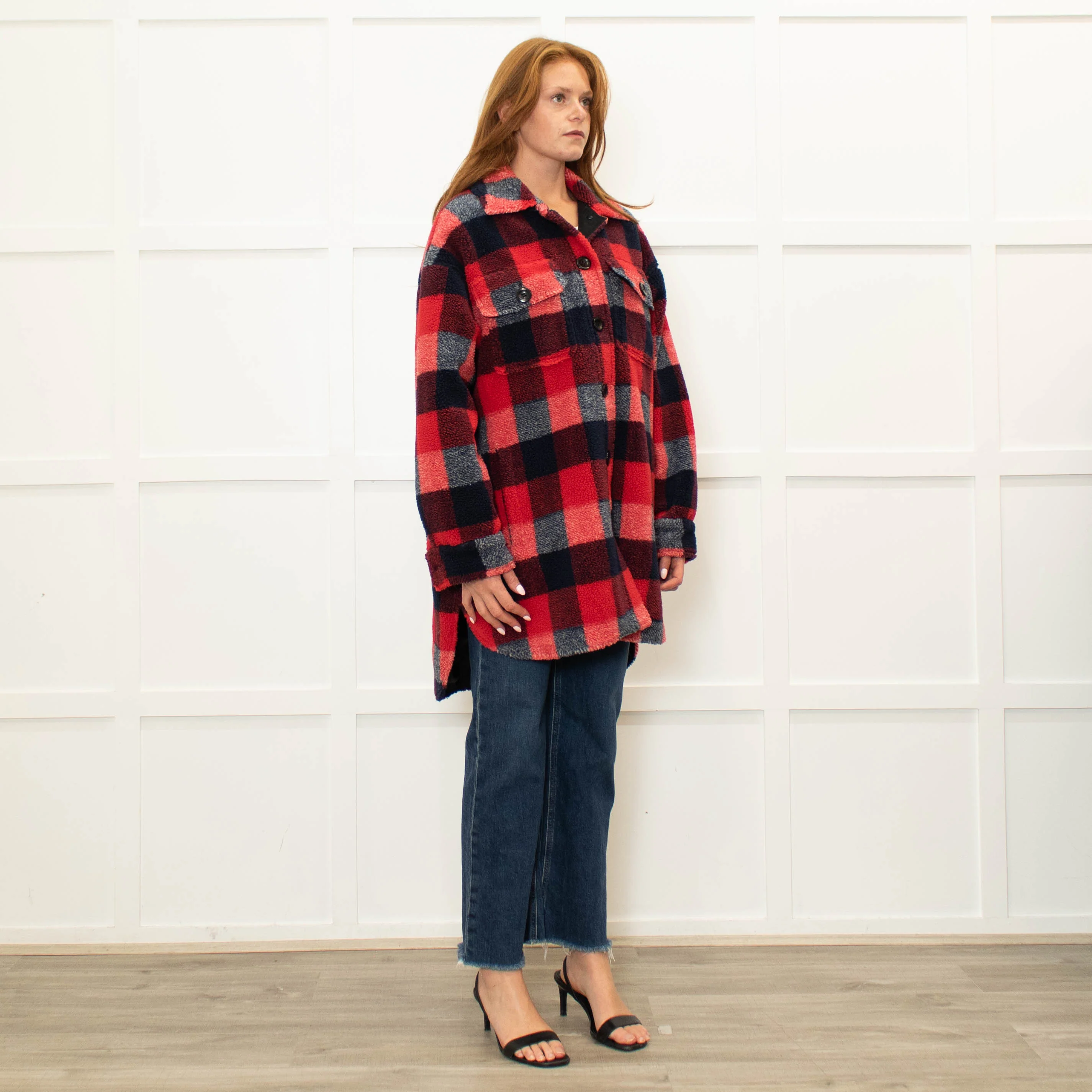 Stand Studio Red  Oversized Checked Faux Shearling Jacket - Image 7