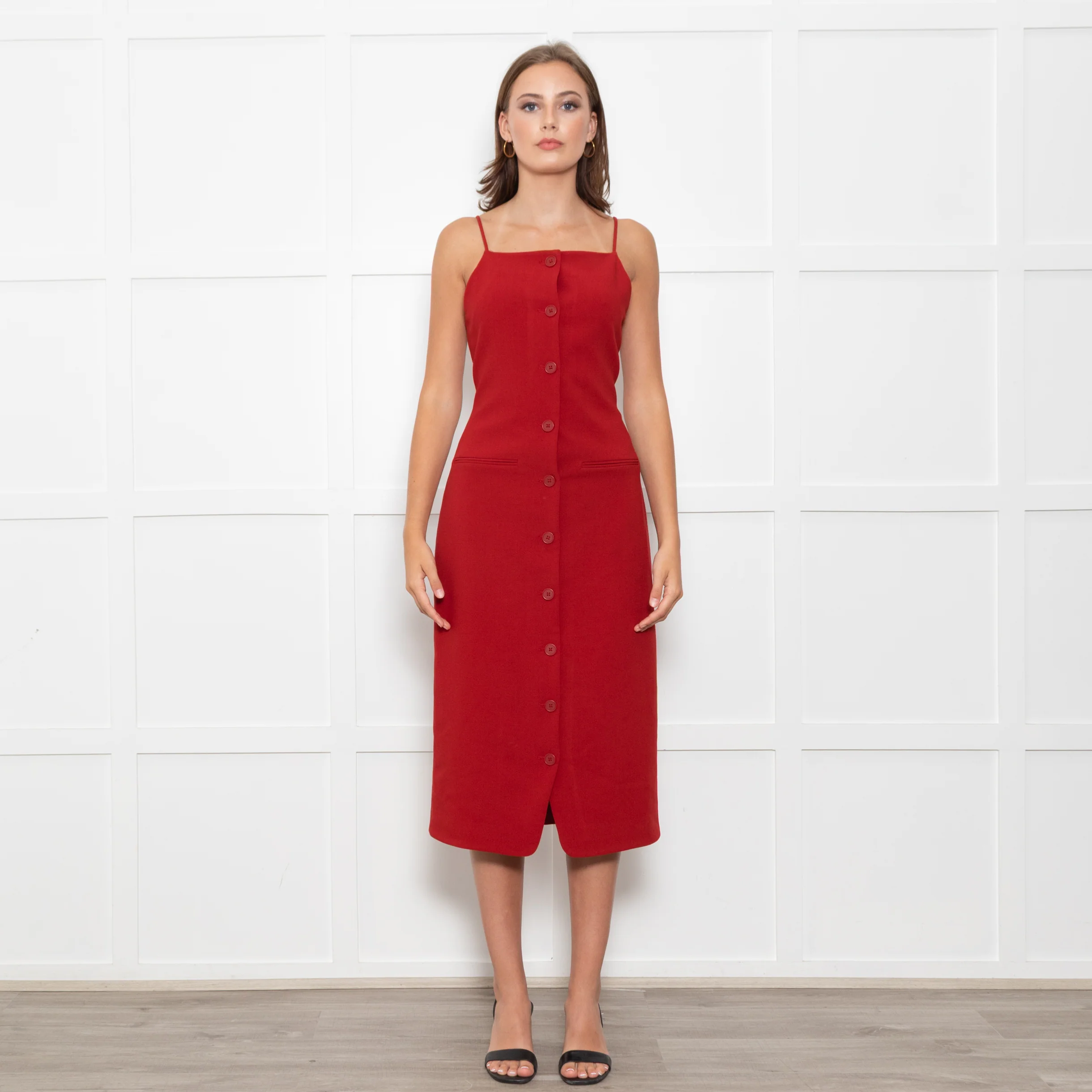 Staud Brick Red Button Front Strappy Shift Dress