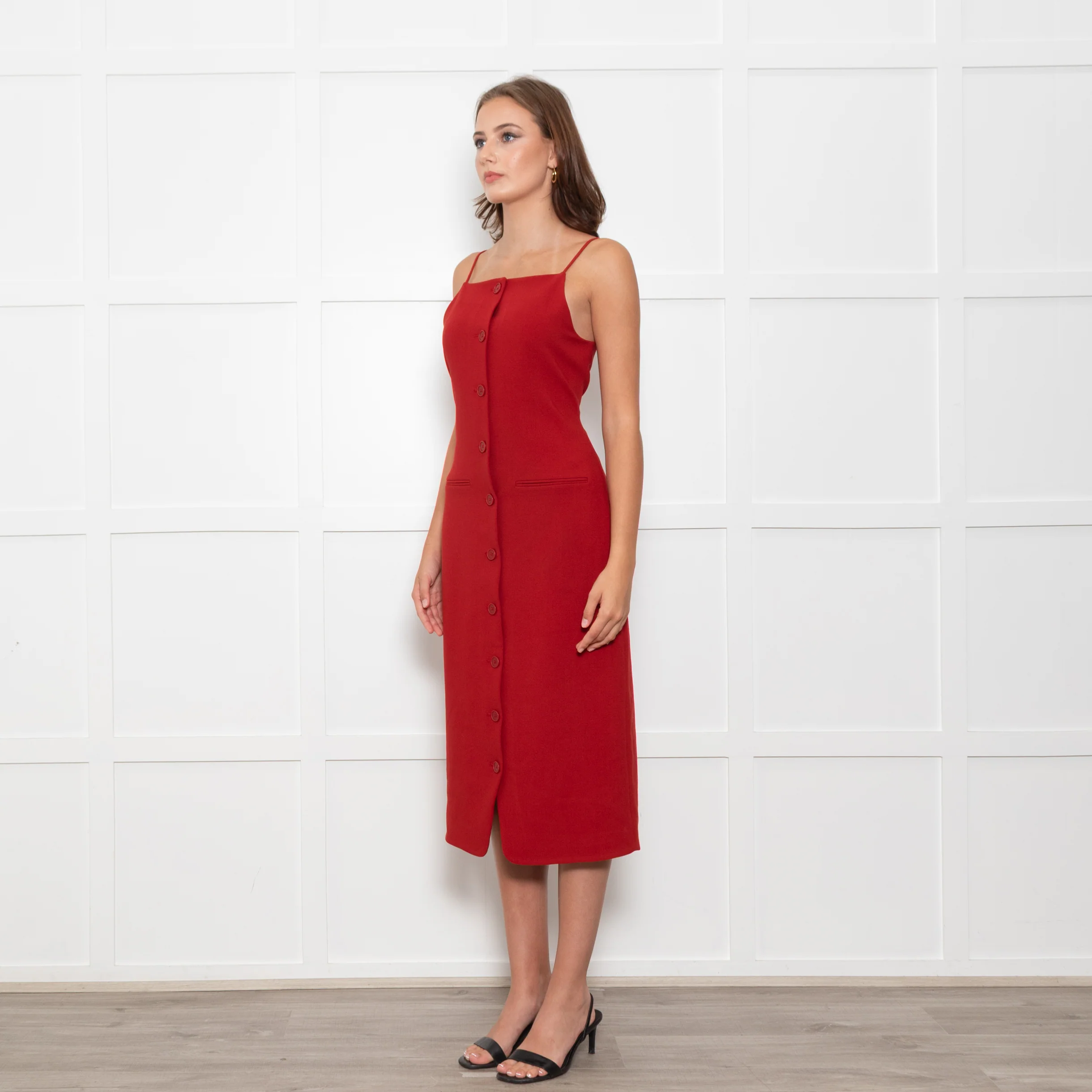 Staud Brick Red Button Front Strappy Shift Dress - Image 3
