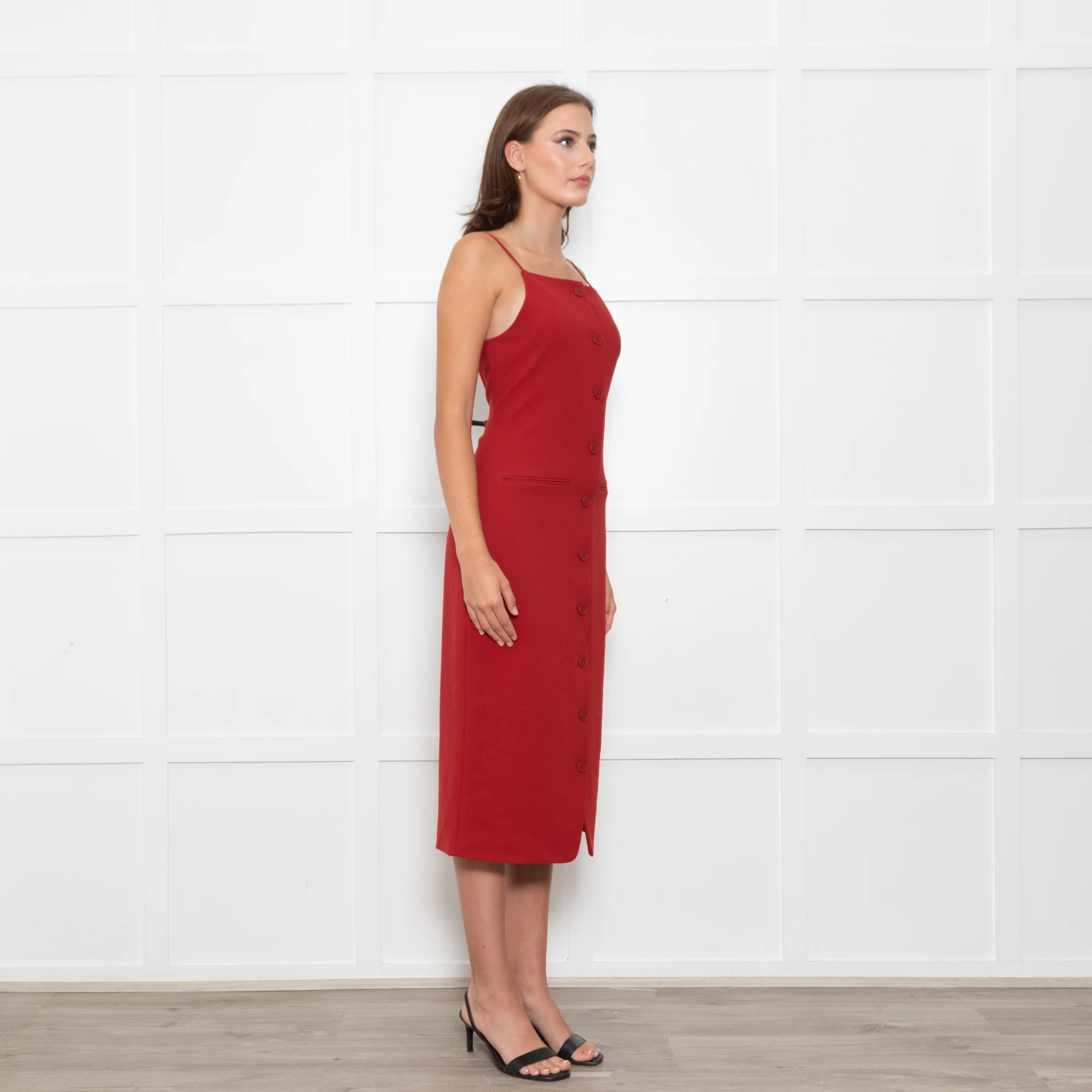 Staud Brick Red Button Front Strappy Shift Dress - Image 4