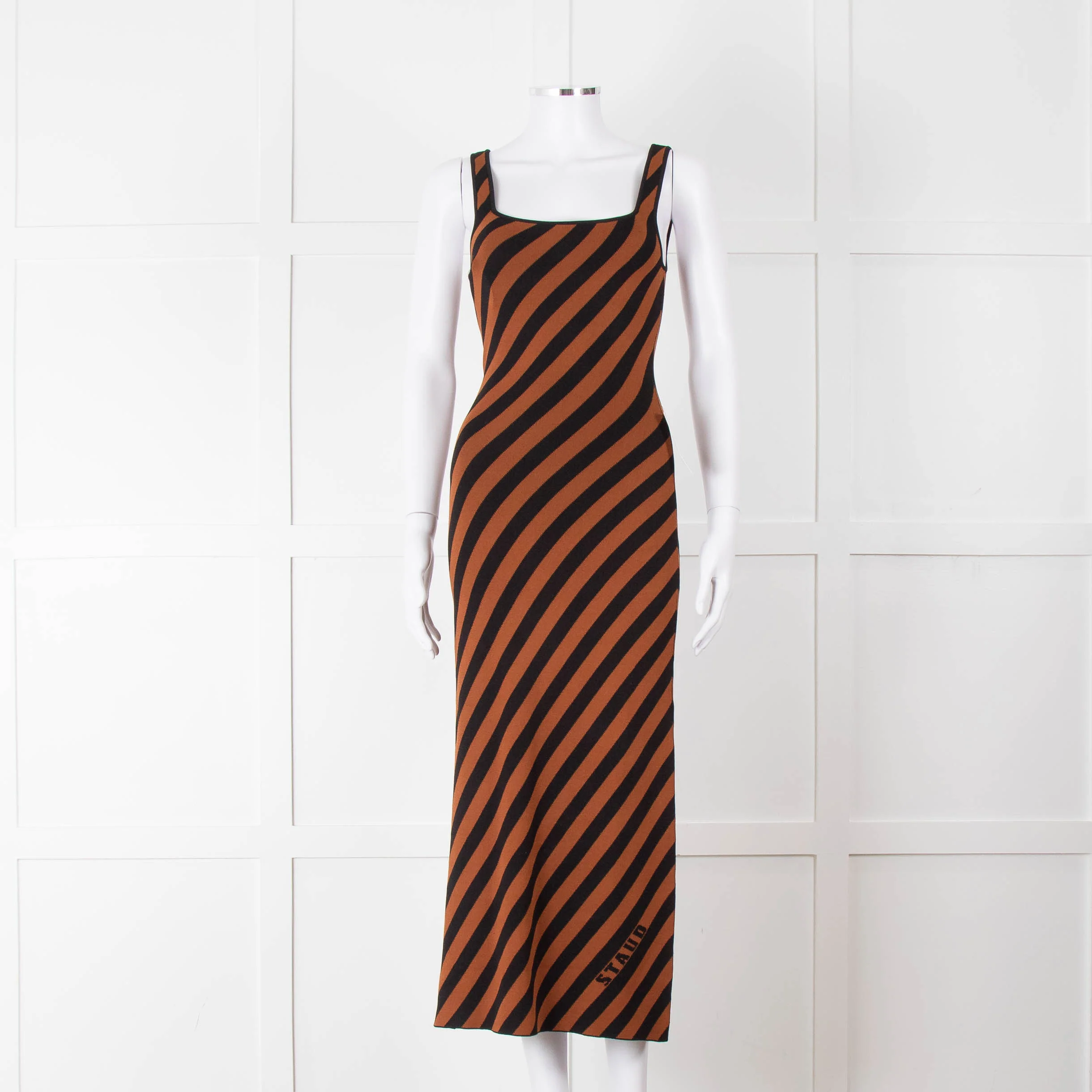 Staud Brown Black Striped Stretchy Sleeveless Dress