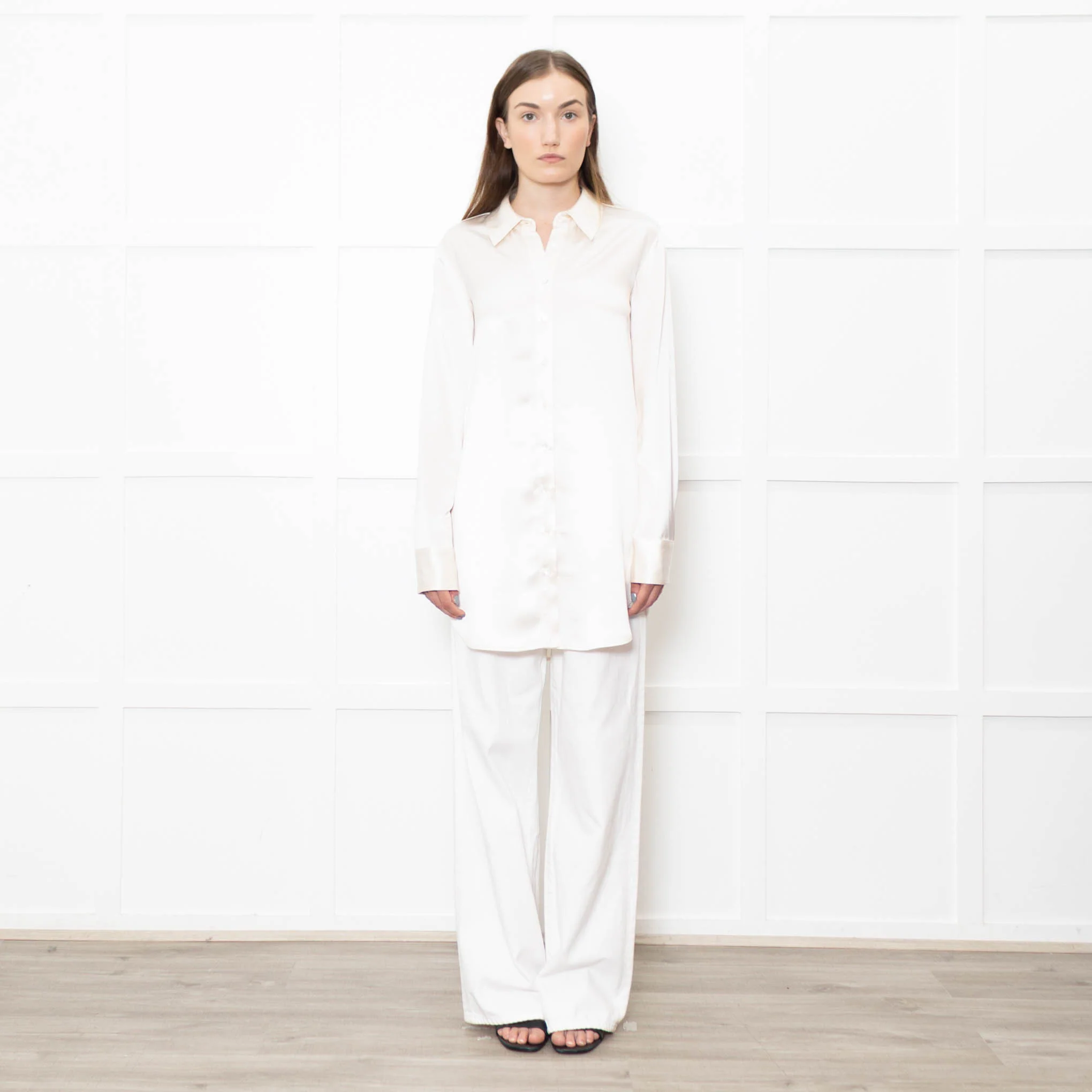 Staud Cream Satin Long Shirt