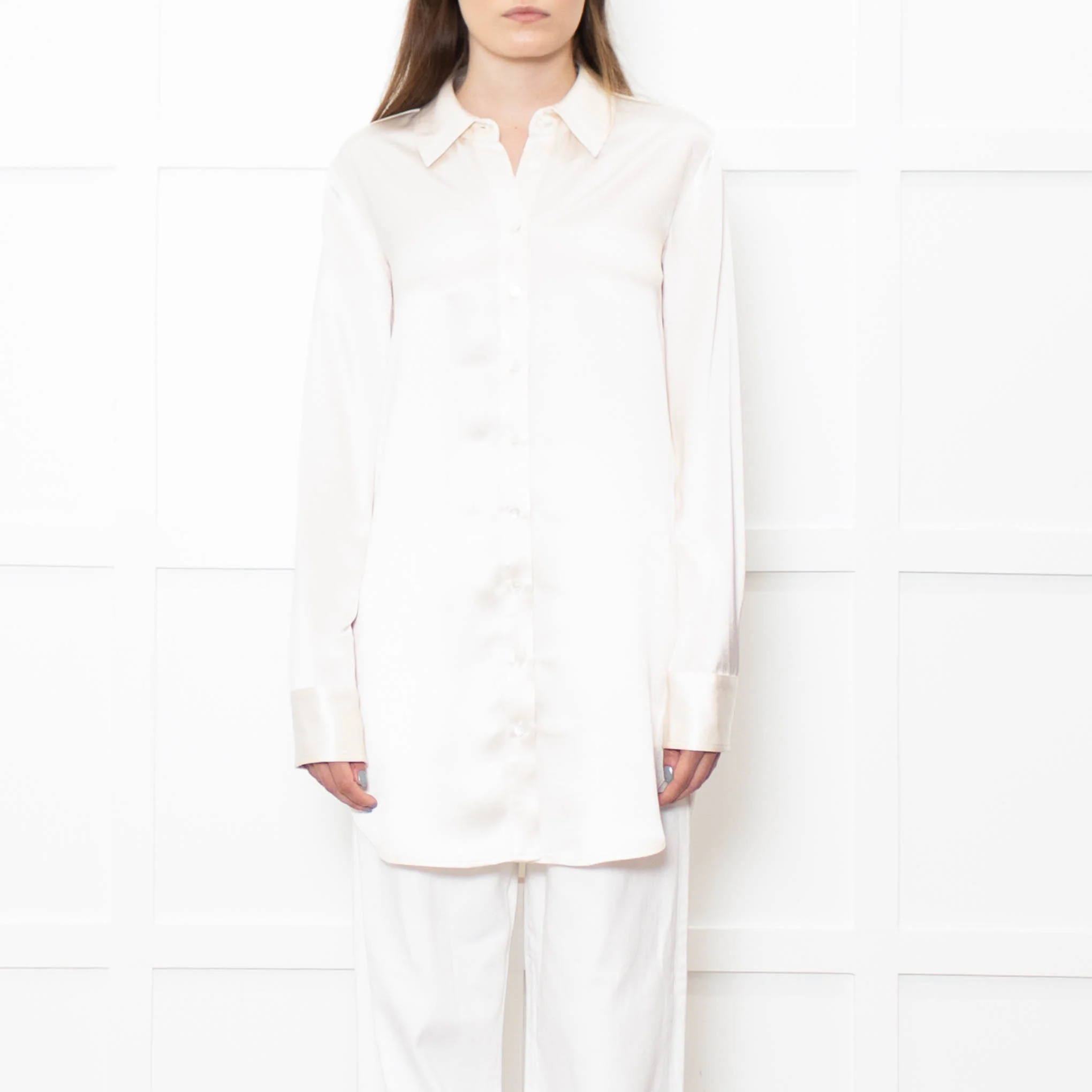 Staud Cream Satin Long Shirt - Image 2