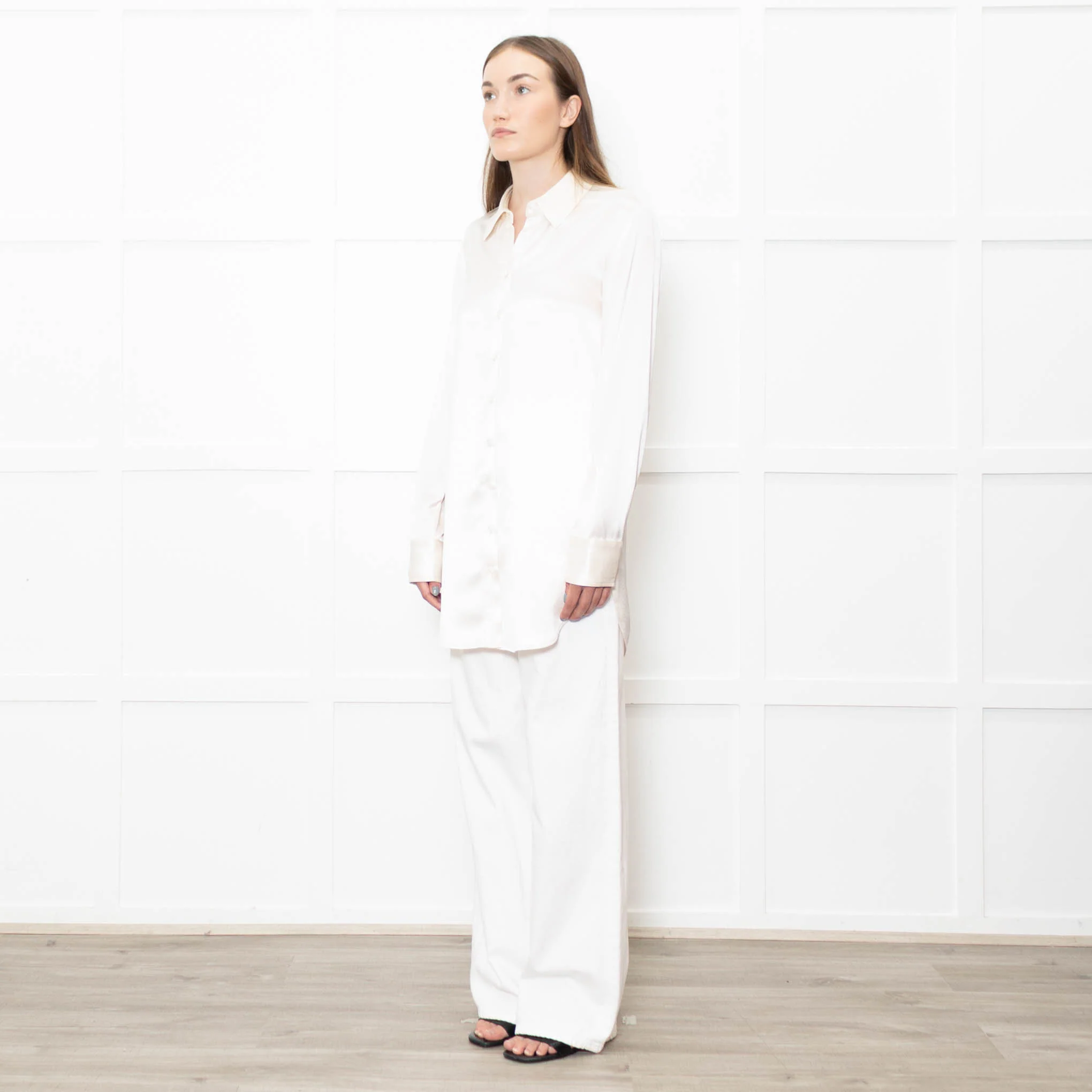 Staud Cream Satin Long Shirt - Image 3