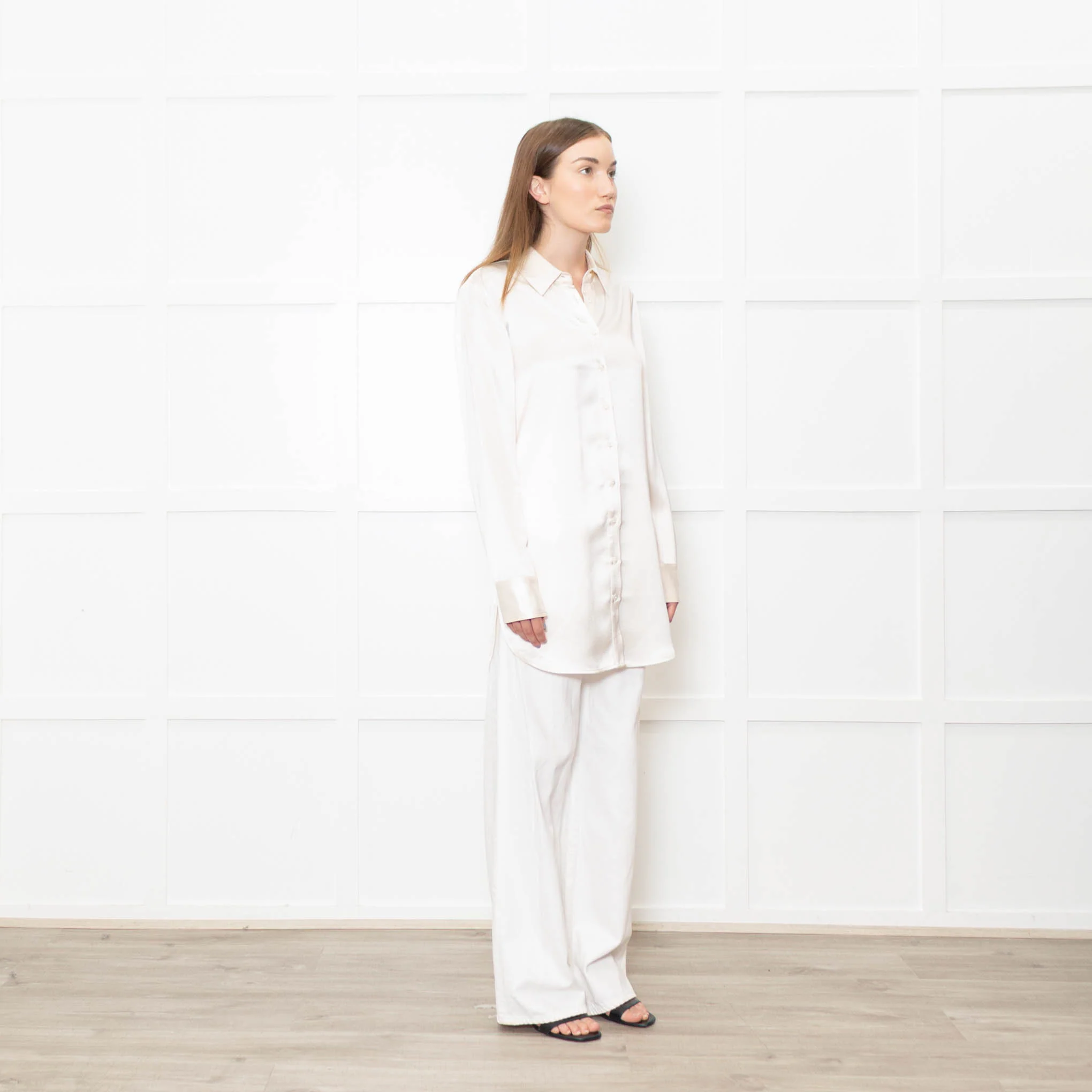 Staud Cream Satin Long Shirt - Image 7