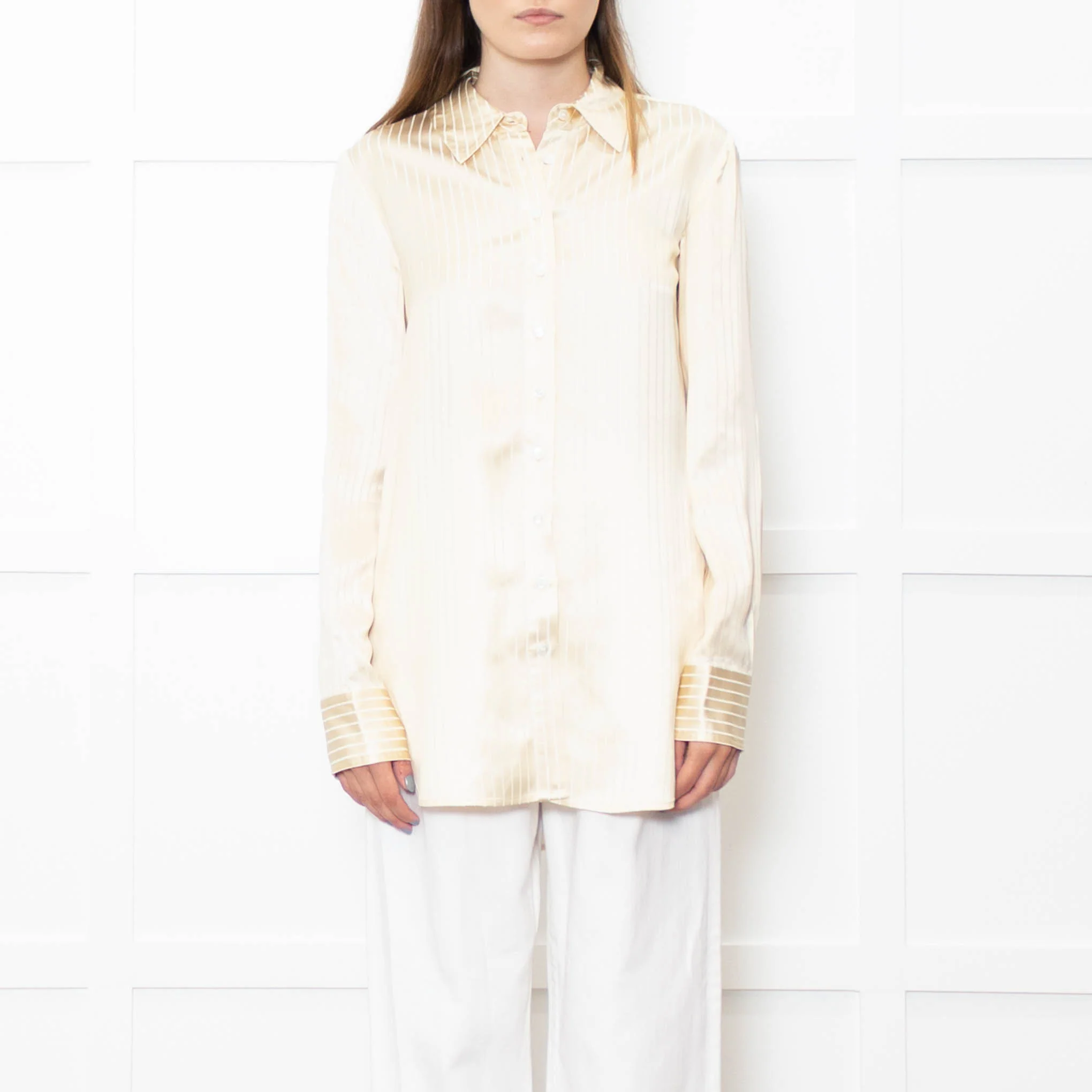 Staud Butter Yellow Striped Satin Shirt - Image 2