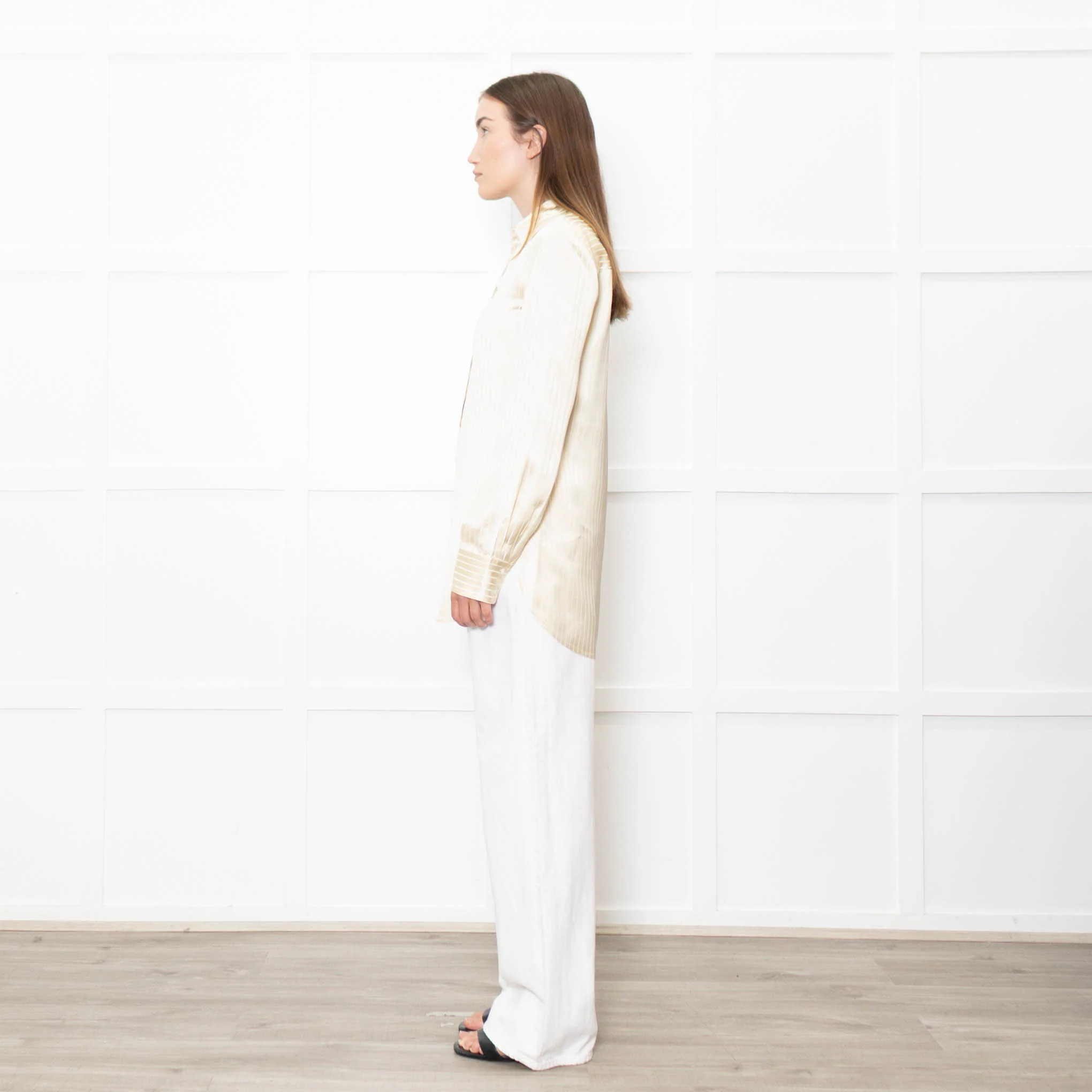 Staud Butter Yellow Striped Satin Shirt - Image 4