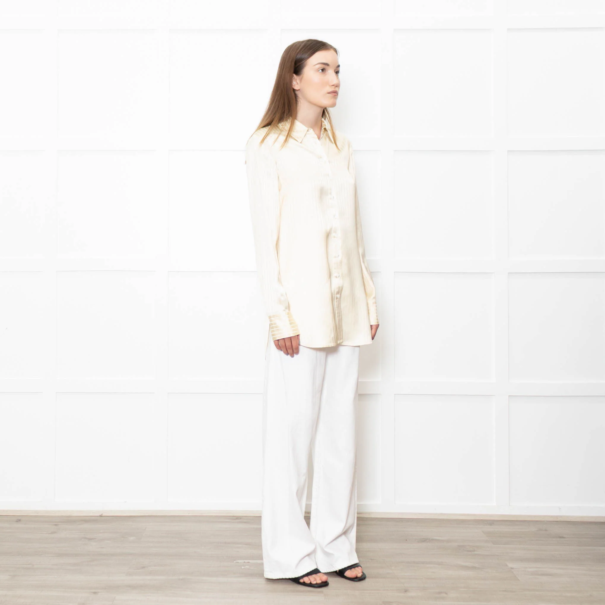 Staud Butter Yellow Striped Satin Shirt - Image 7