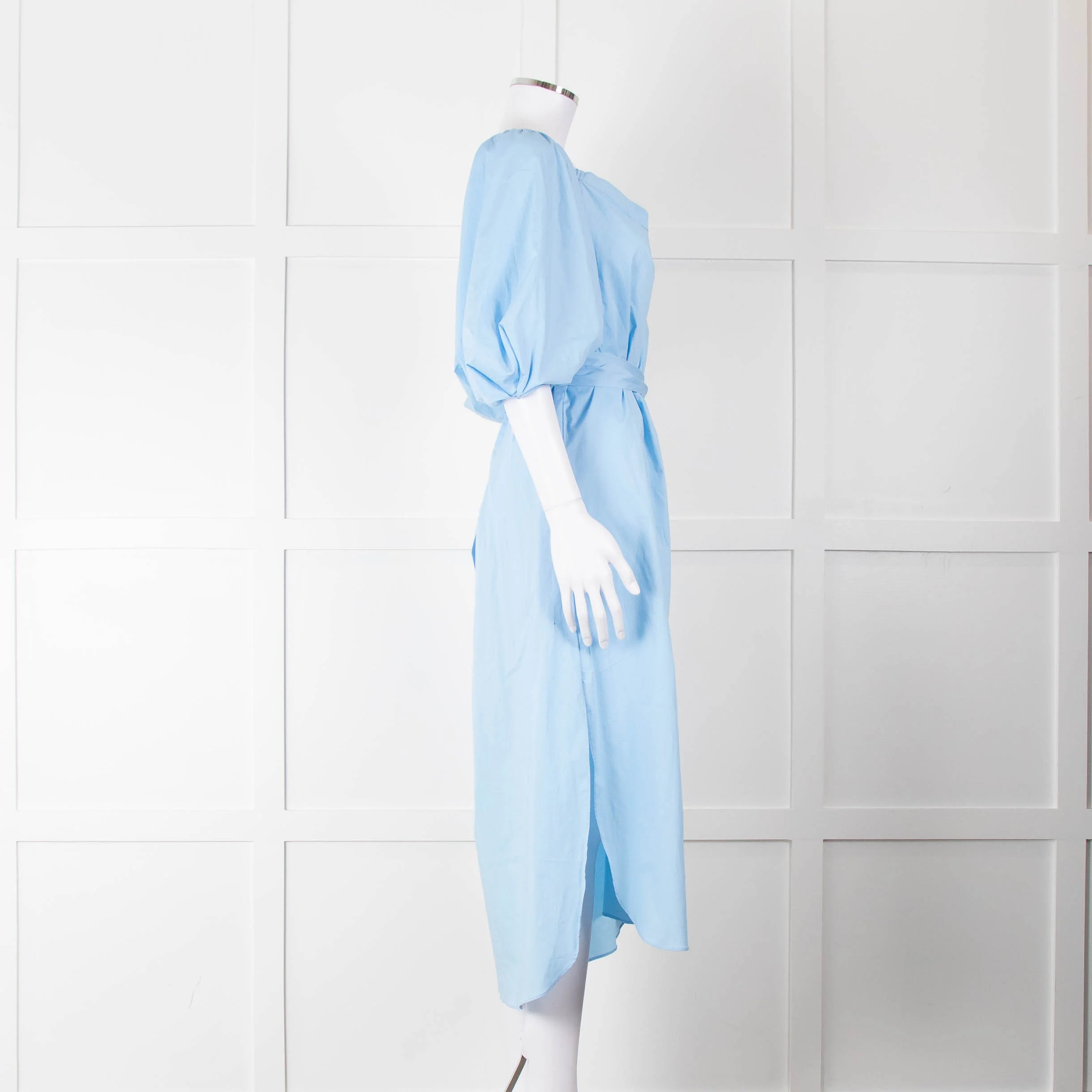 Staud Light Blue Cotton Puffed Sleeve Belted Shirt Dress - Image 3