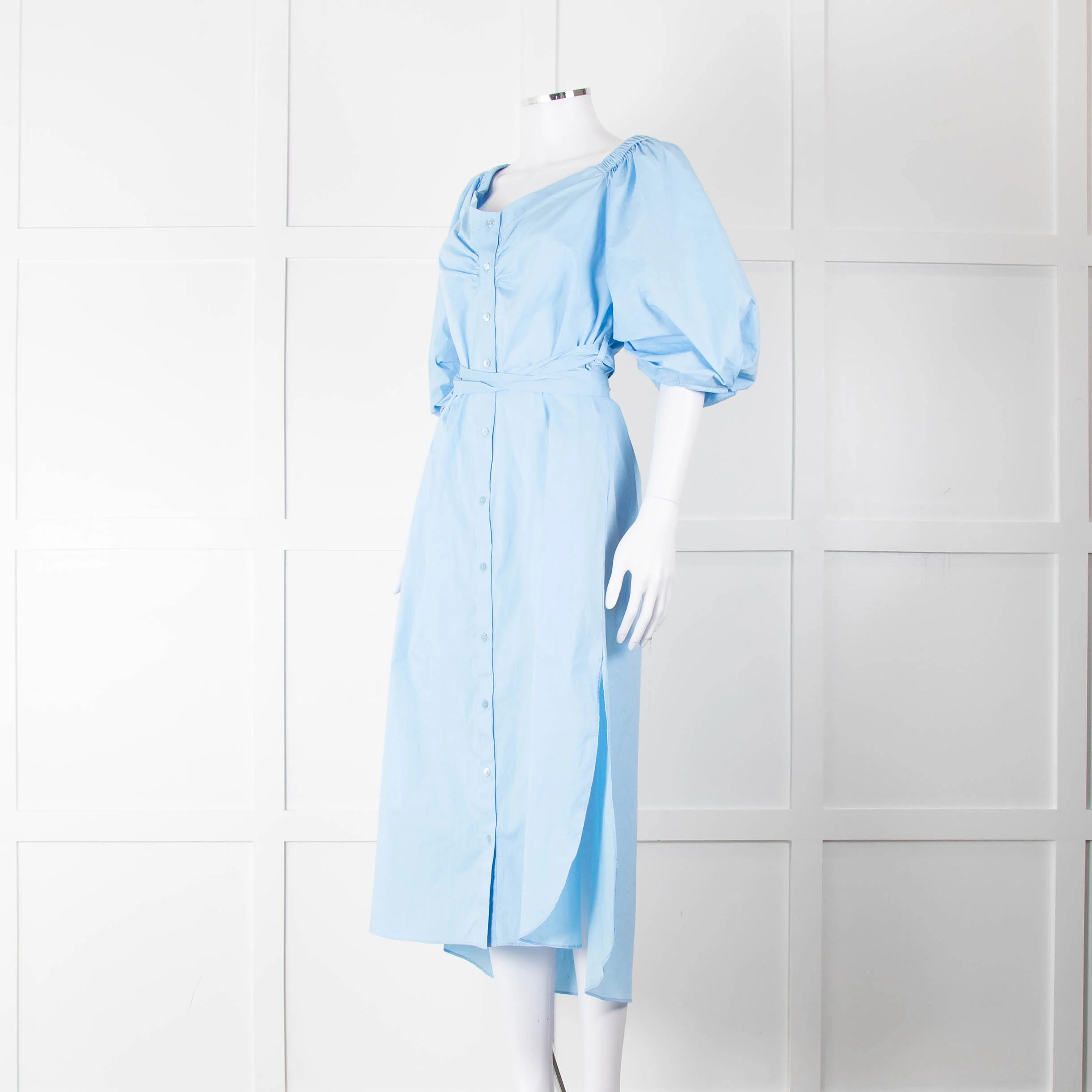 Staud Light Blue Cotton Puffed Sleeve Belted Shirt Dress - Image 8