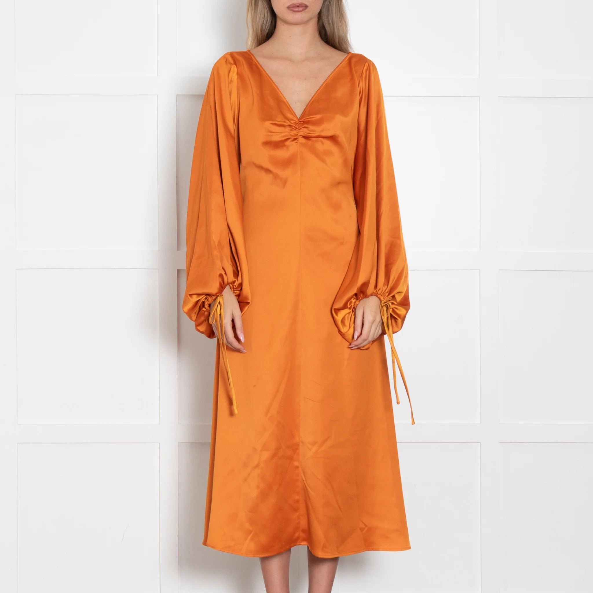 Staud Orange Silky Dress with Balloon Sleeve - Image 2