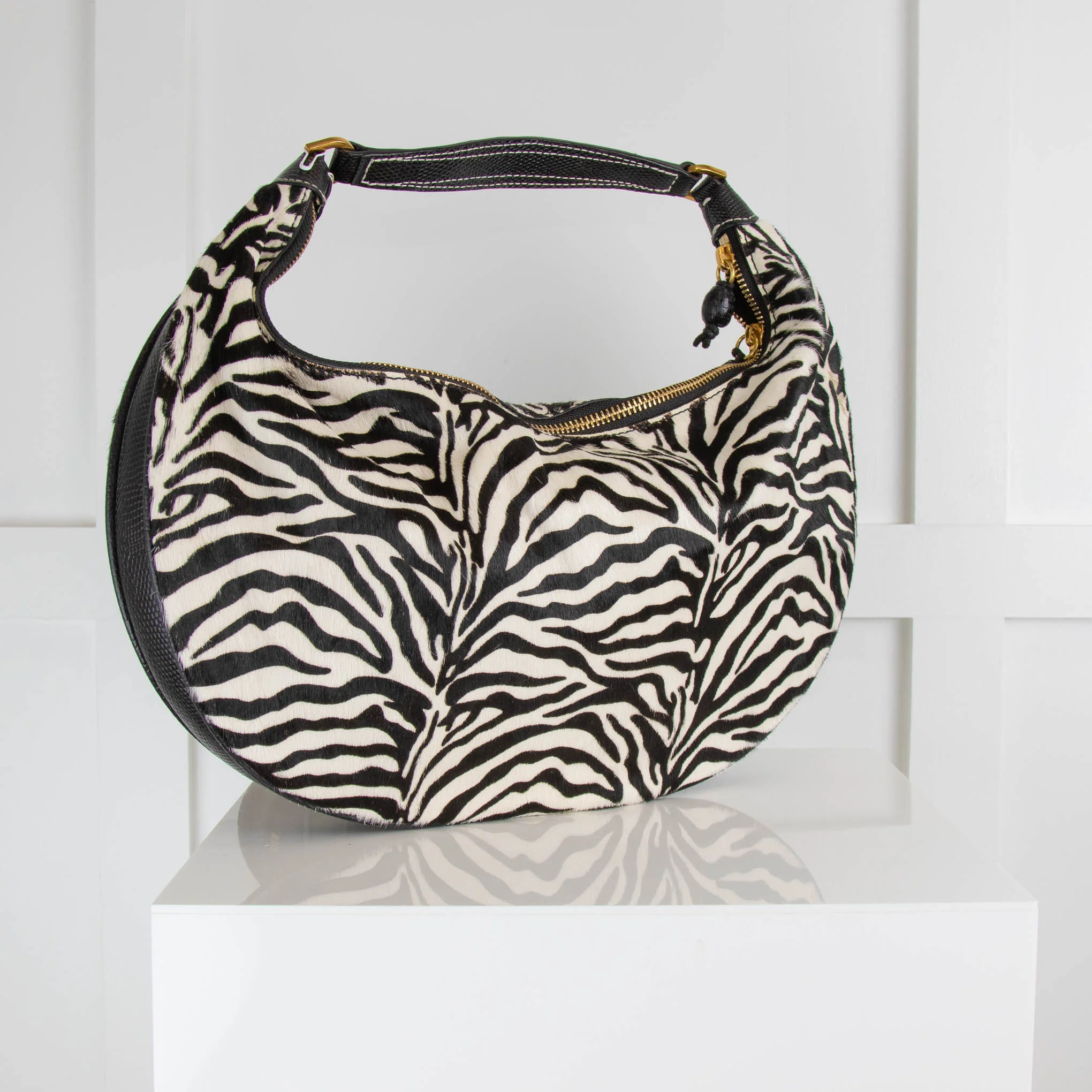 Staud Sasha Textured Leather Trimmed Zebra Print Shoulder Bag