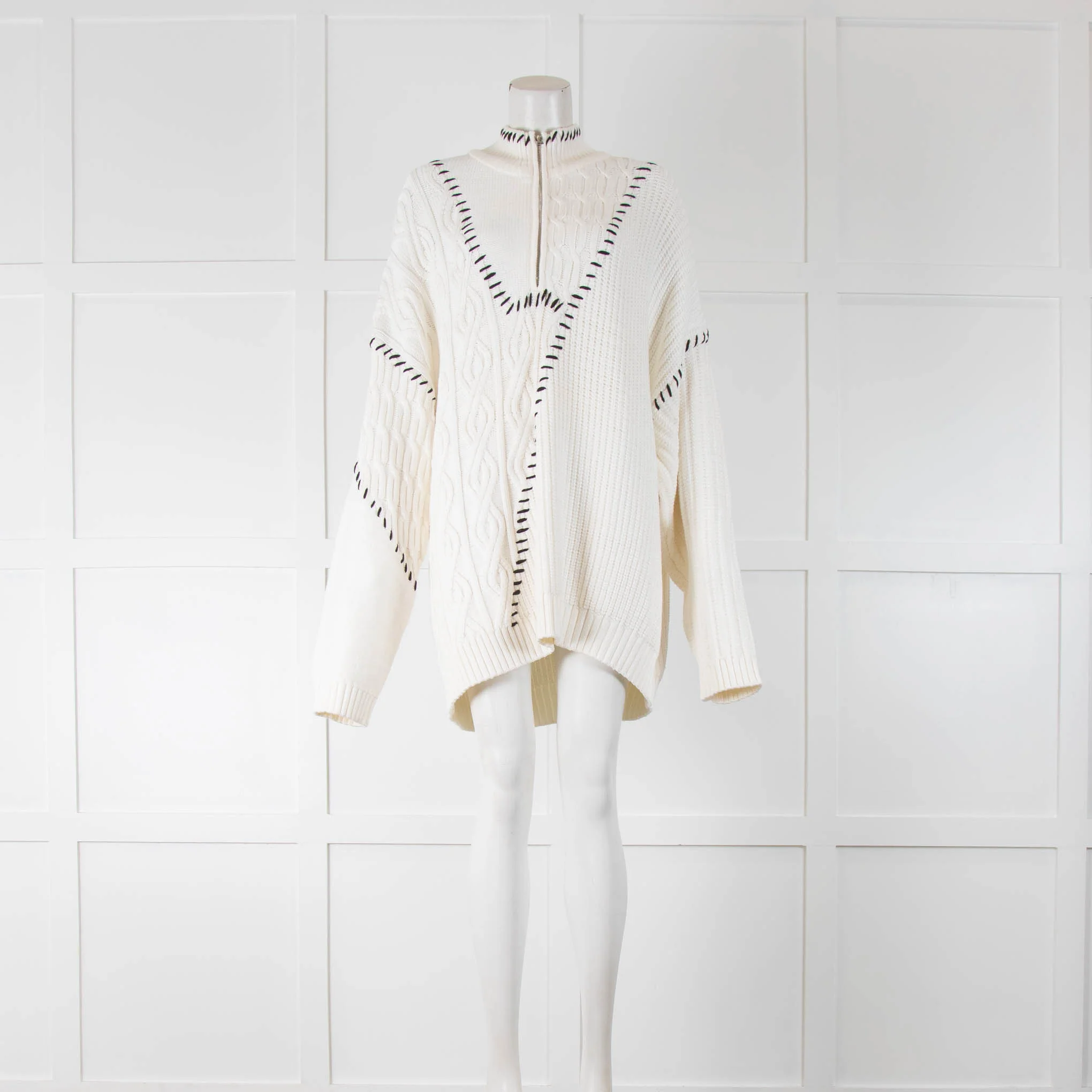 Staud White Black Trim Chunky Cotton Jumper