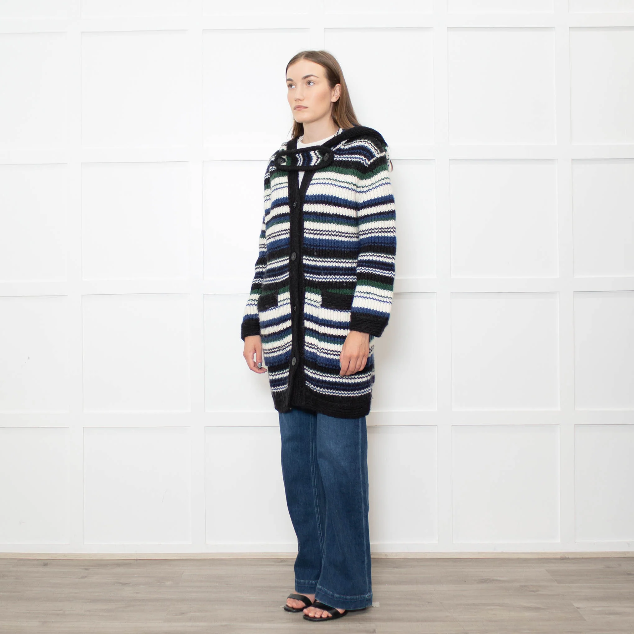Stefanel White Blue Striped Chunky Knit Long Cardigan - Image 3