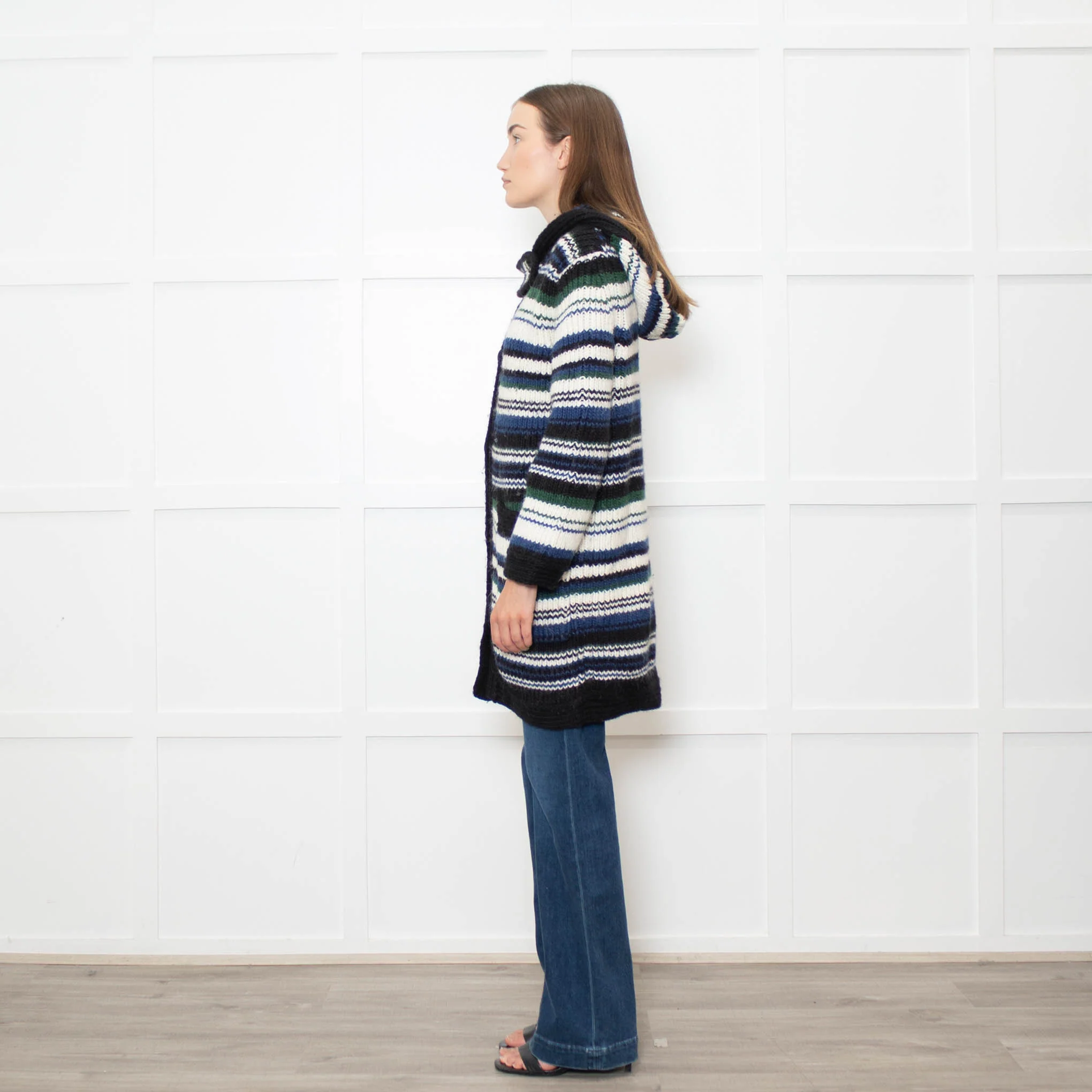 Stefanel White Blue Striped Chunky Knit Long Cardigan - Image 4