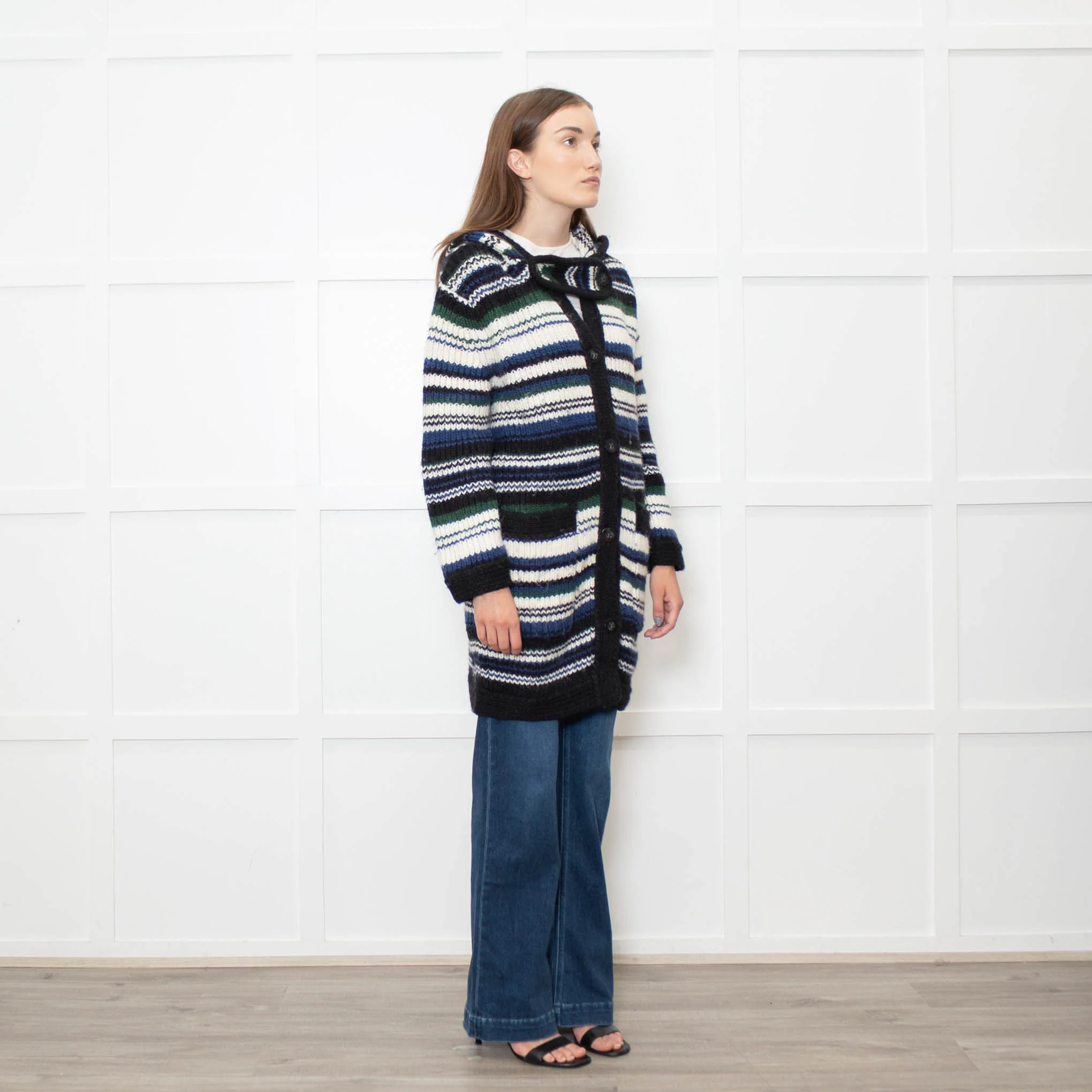 Stefanel White Blue Striped Chunky Knit Long Cardigan - Image 7