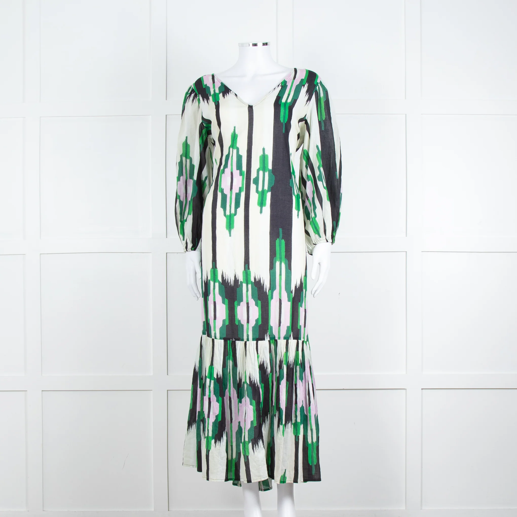 Stella Forest Cream Green Pink Cotton Back Lace Up Detail Maxi Dress