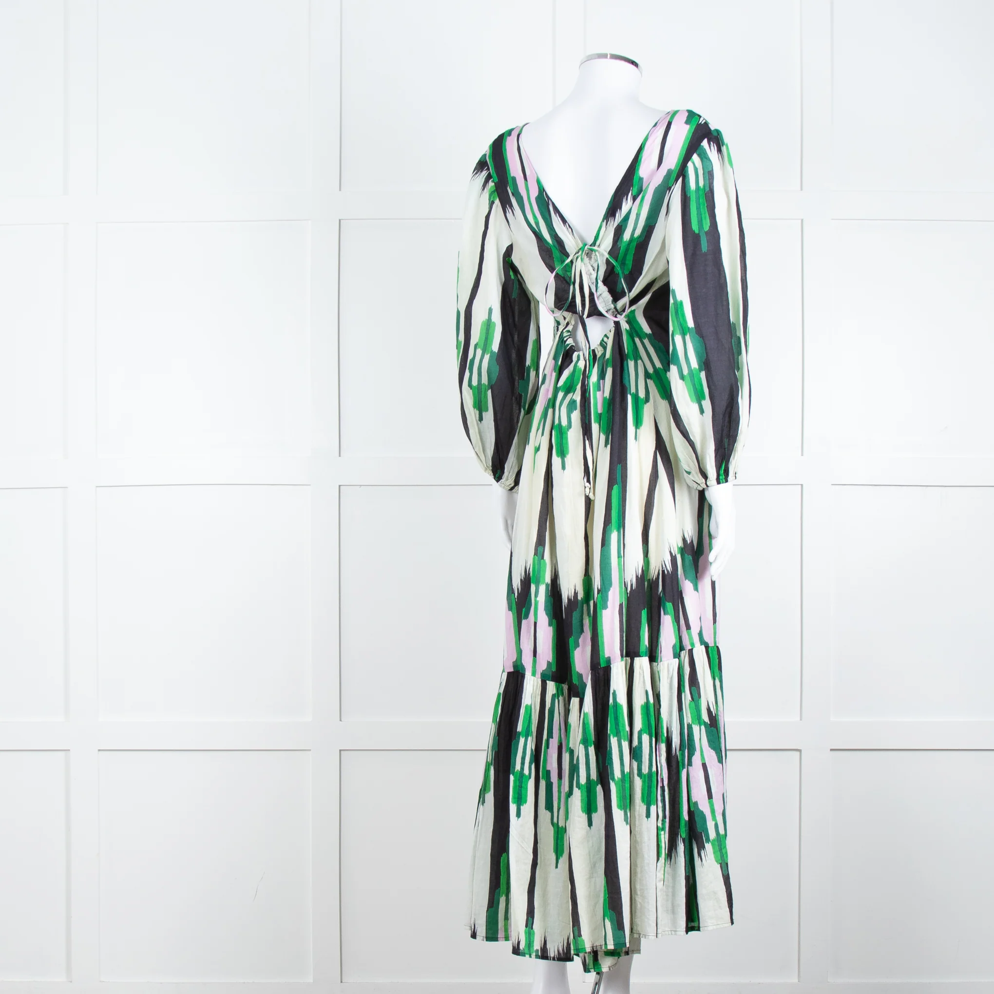 Stella Forest Cream Green Pink Cotton Back Lace Up Detail Maxi Dress - Image 4