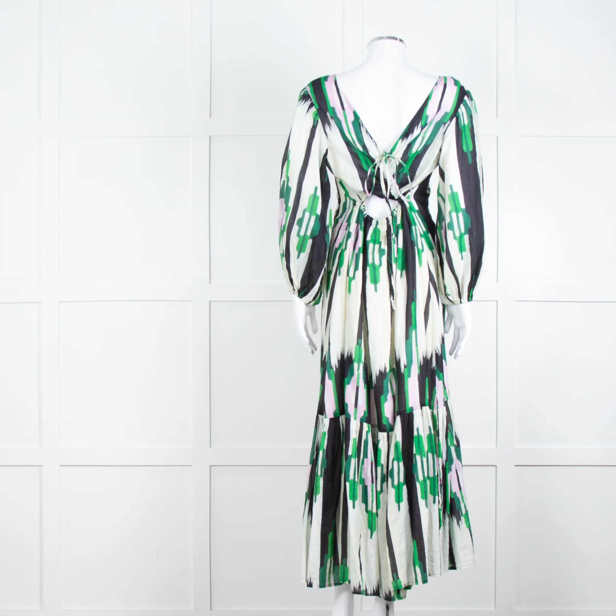 Stella Forest Cream Green Pink Cotton Back Lace Up Detail Maxi Dress - Image 5
