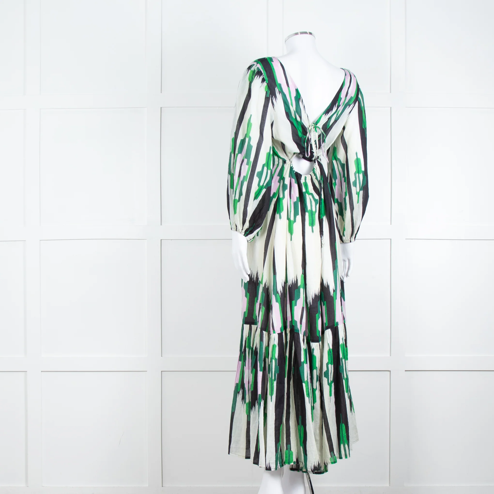 Stella Forest Cream Green Pink Cotton Back Lace Up Detail Maxi Dress - Image 6