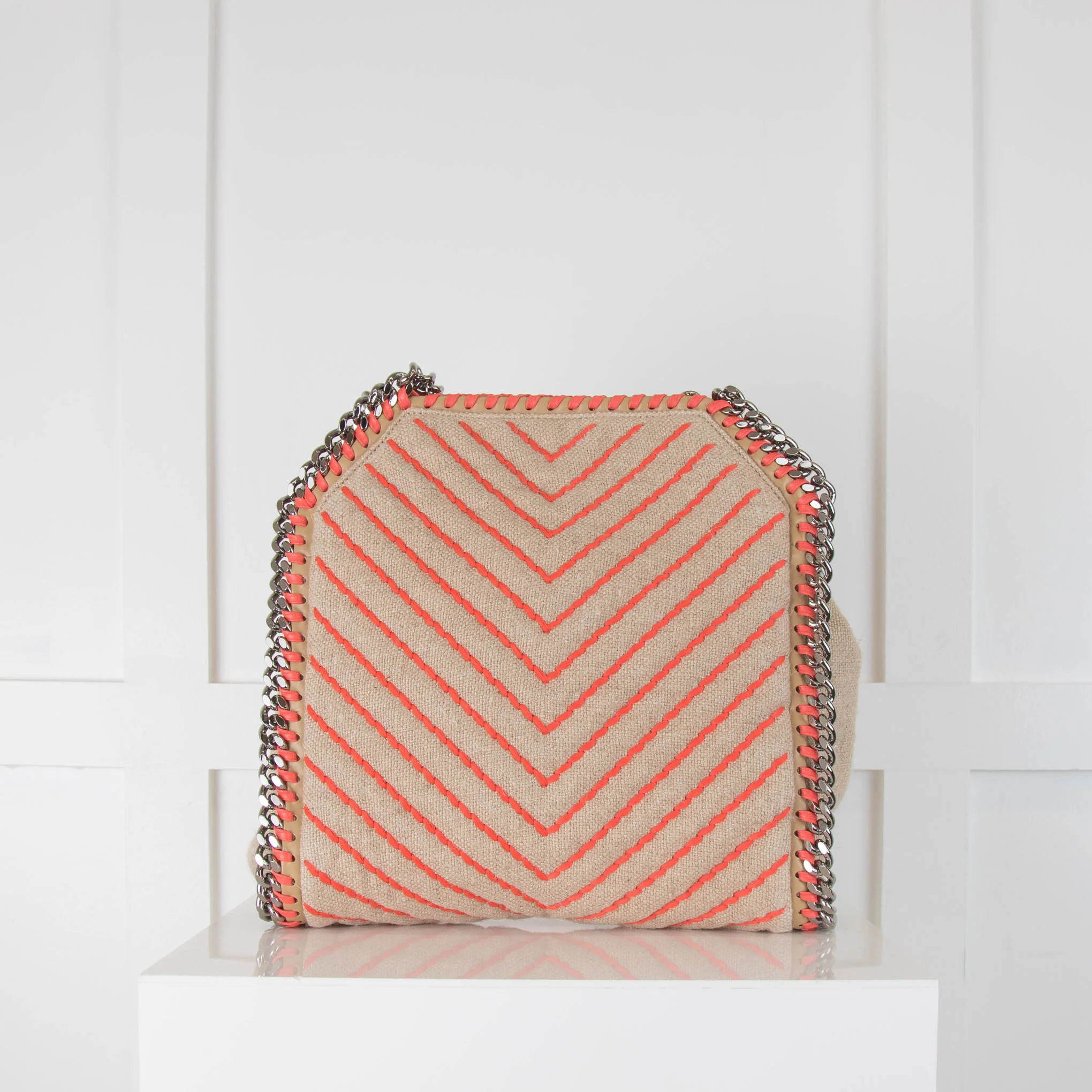 Stella McCartney Beige Linen Orange Stitching Small Falabella Bag - Image 4