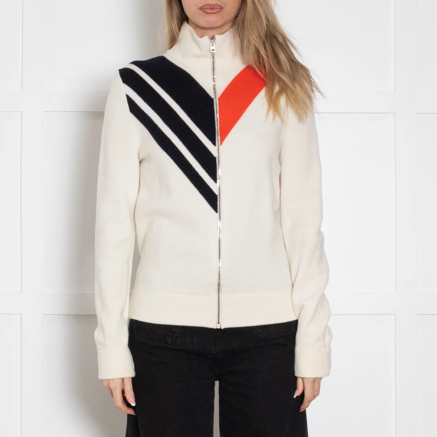 Stella McCartney Cream High Neck Zip Jacket With Blue And Orange Stripe - Image 2