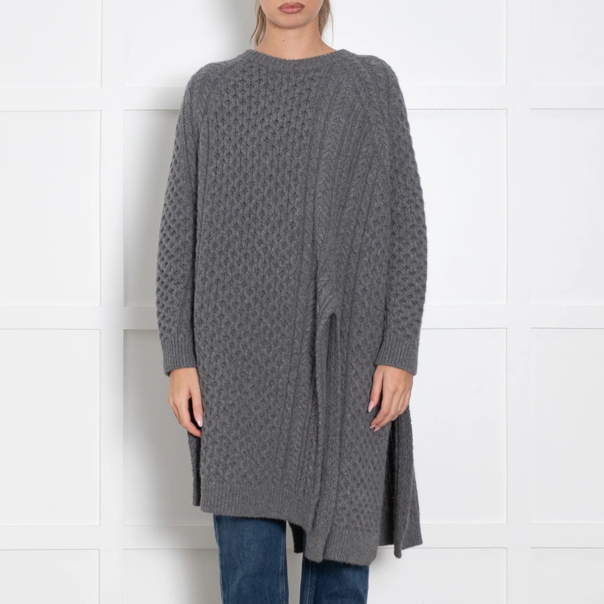 Stella McCartney Grey Cableknit Oversized Jumper With Splits - Image 2
