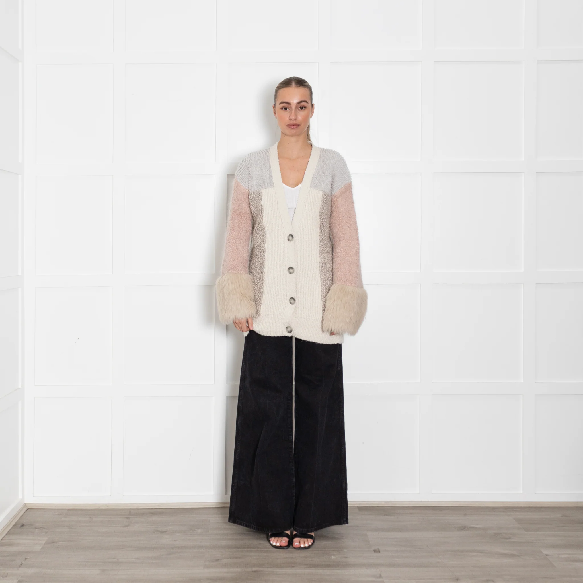 Stella McCartney Grey Pink Cream Textured Long Cardigan With Faux Fur Cuff