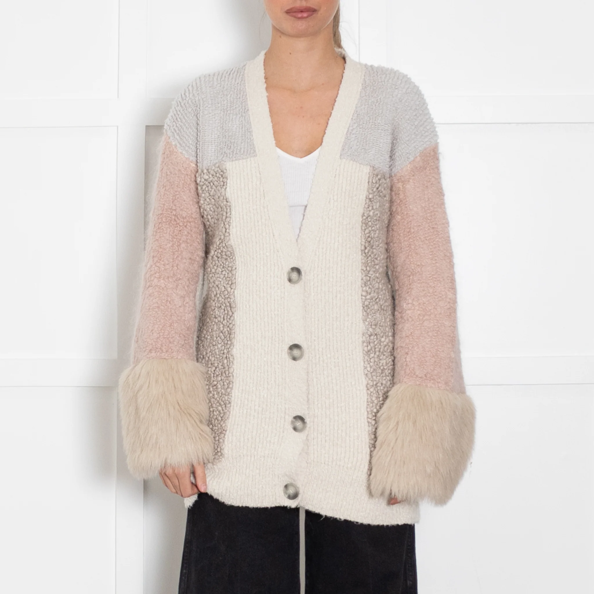 Stella McCartney Grey Pink Cream Textured Long Cardigan With Faux Fur Cuff - Image 2