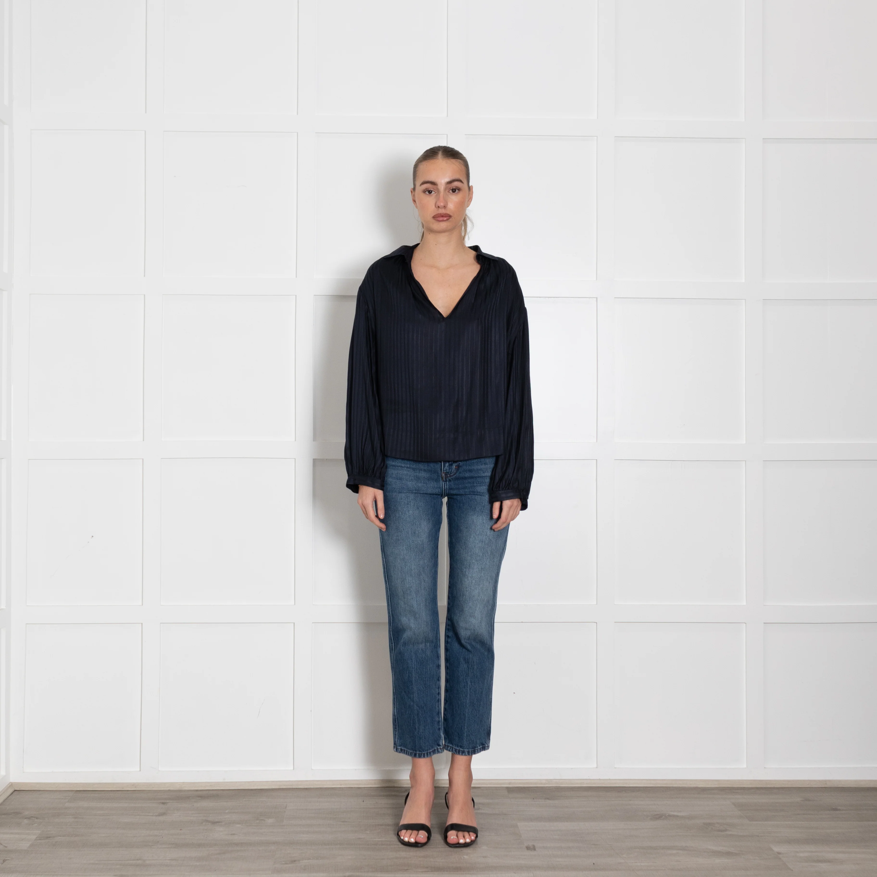Stella McCartney Navy Blue Stripe Silk Long Sleeved Blouse