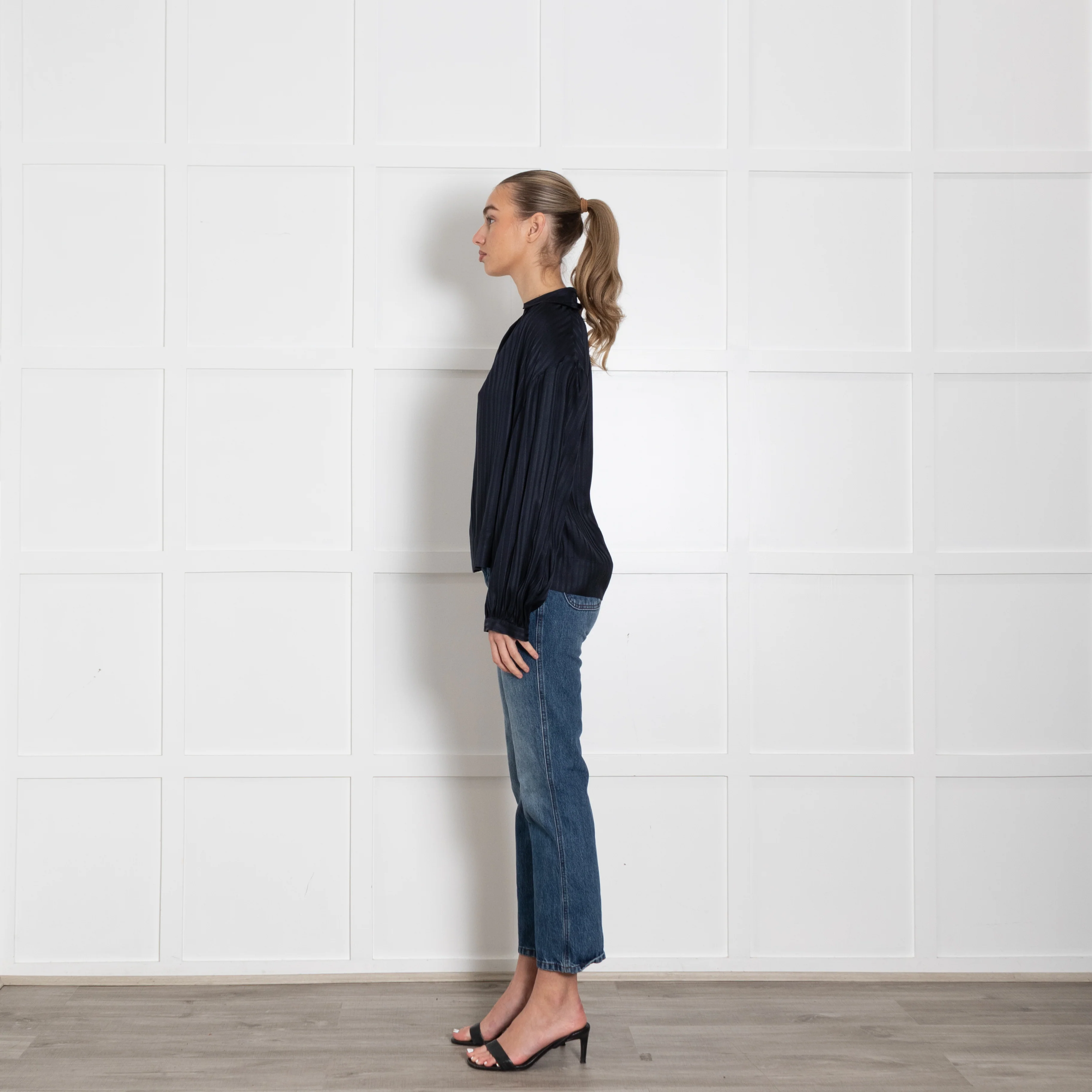 Stella McCartney Navy Blue Stripe Silk Long Sleeved Blouse - Image 4