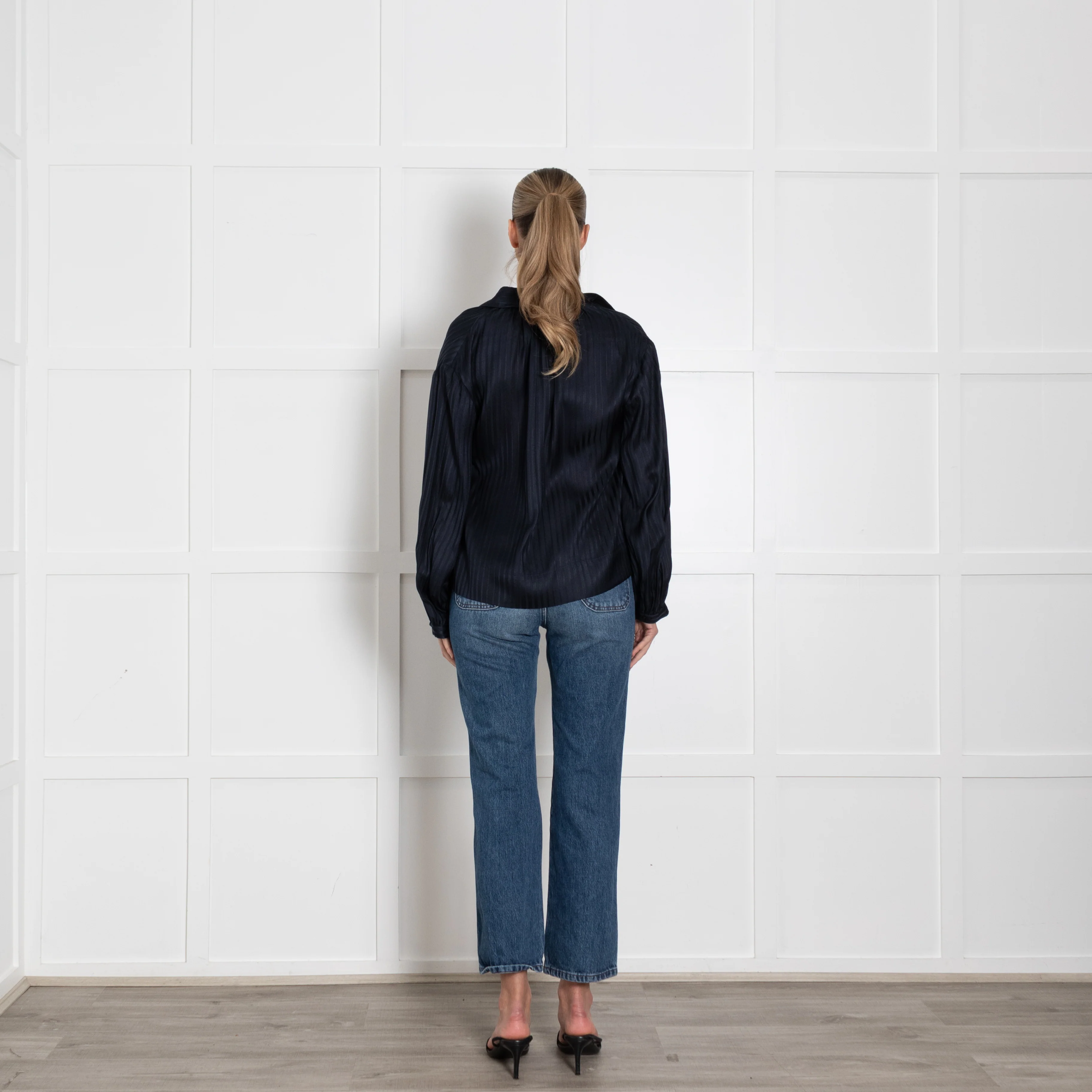 Stella McCartney Navy Blue Stripe Silk Long Sleeved Blouse - Image 5