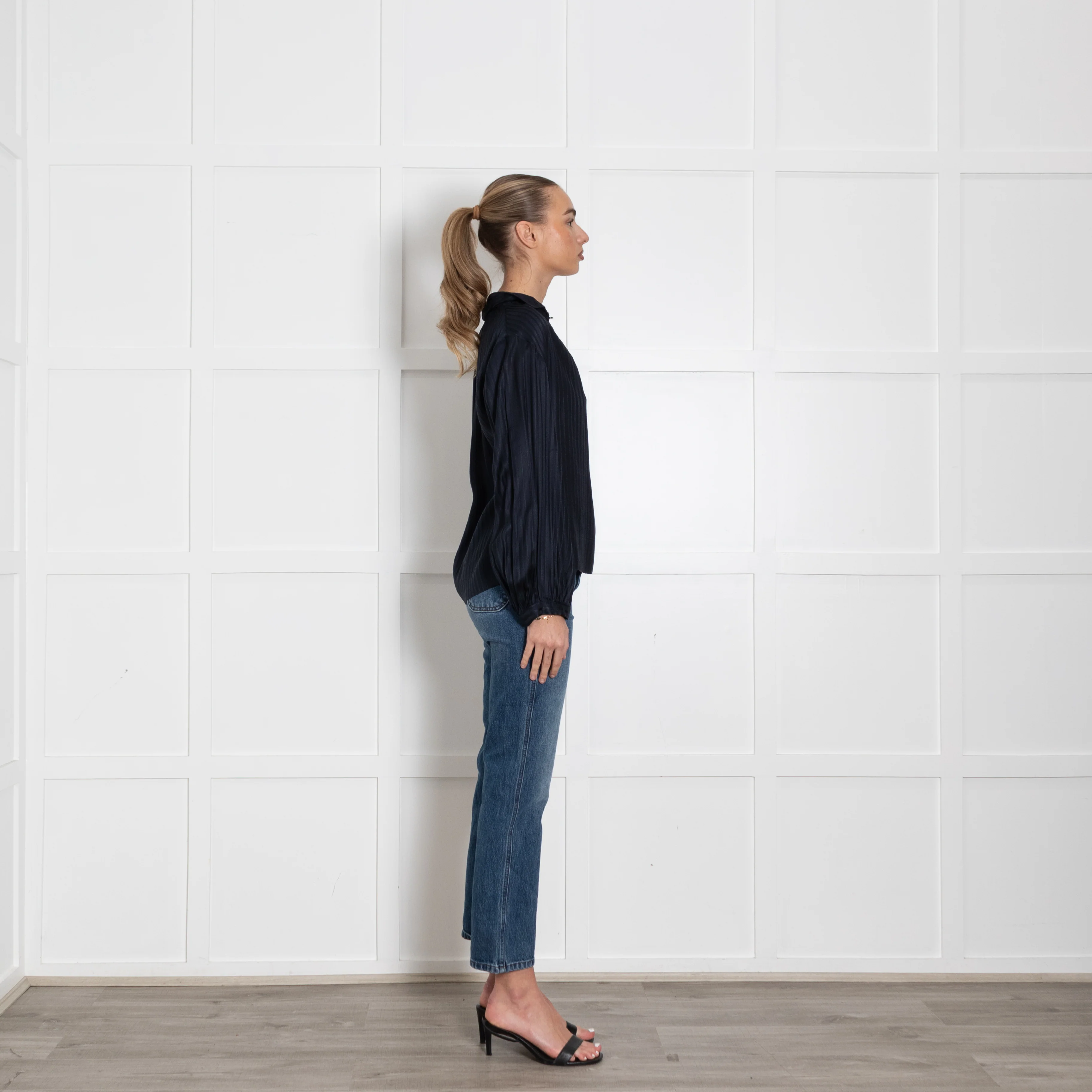 Stella McCartney Navy Blue Stripe Silk Long Sleeved Blouse - Image 6