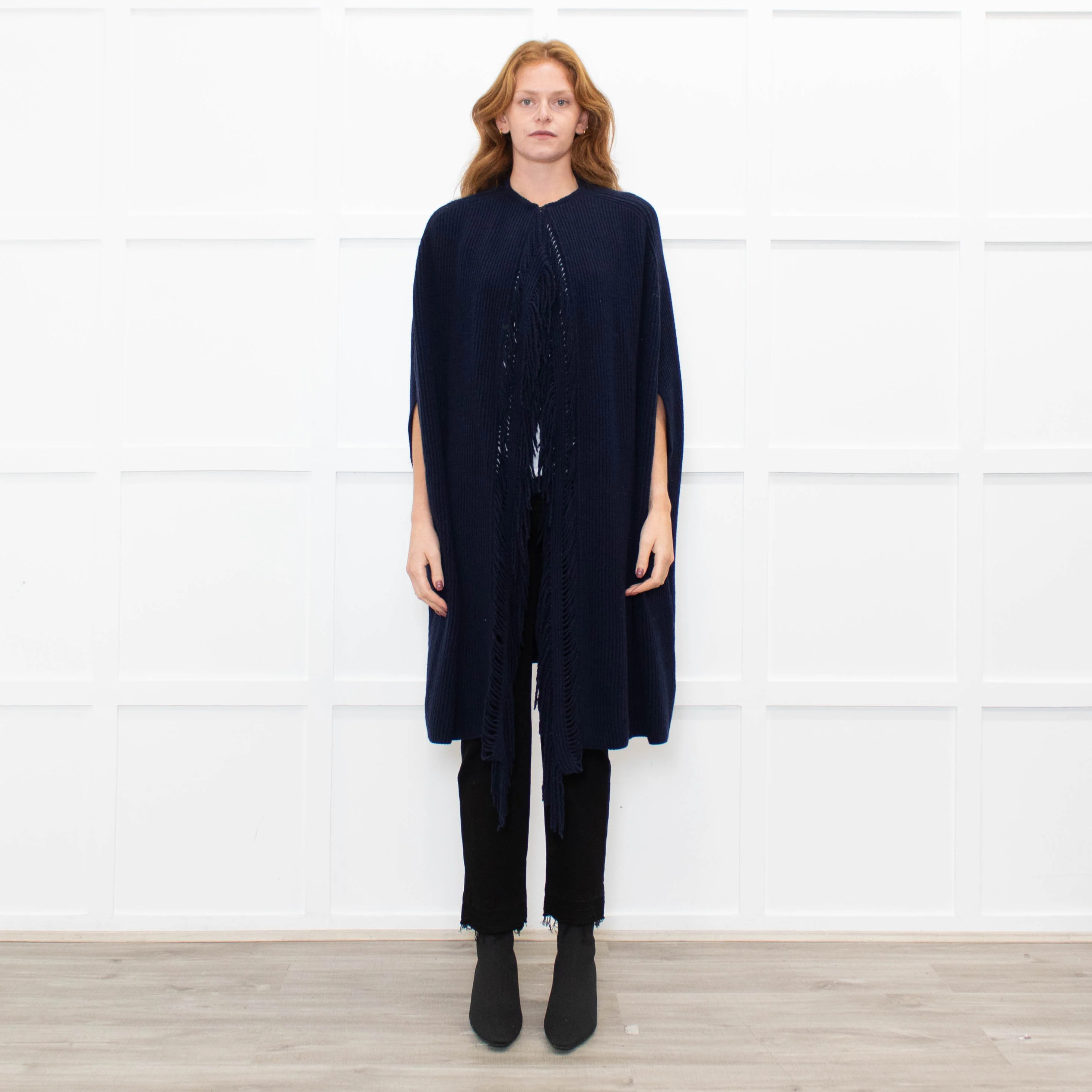 Stella McCartney Navy Front Fringe Sleeveless Knit Cape