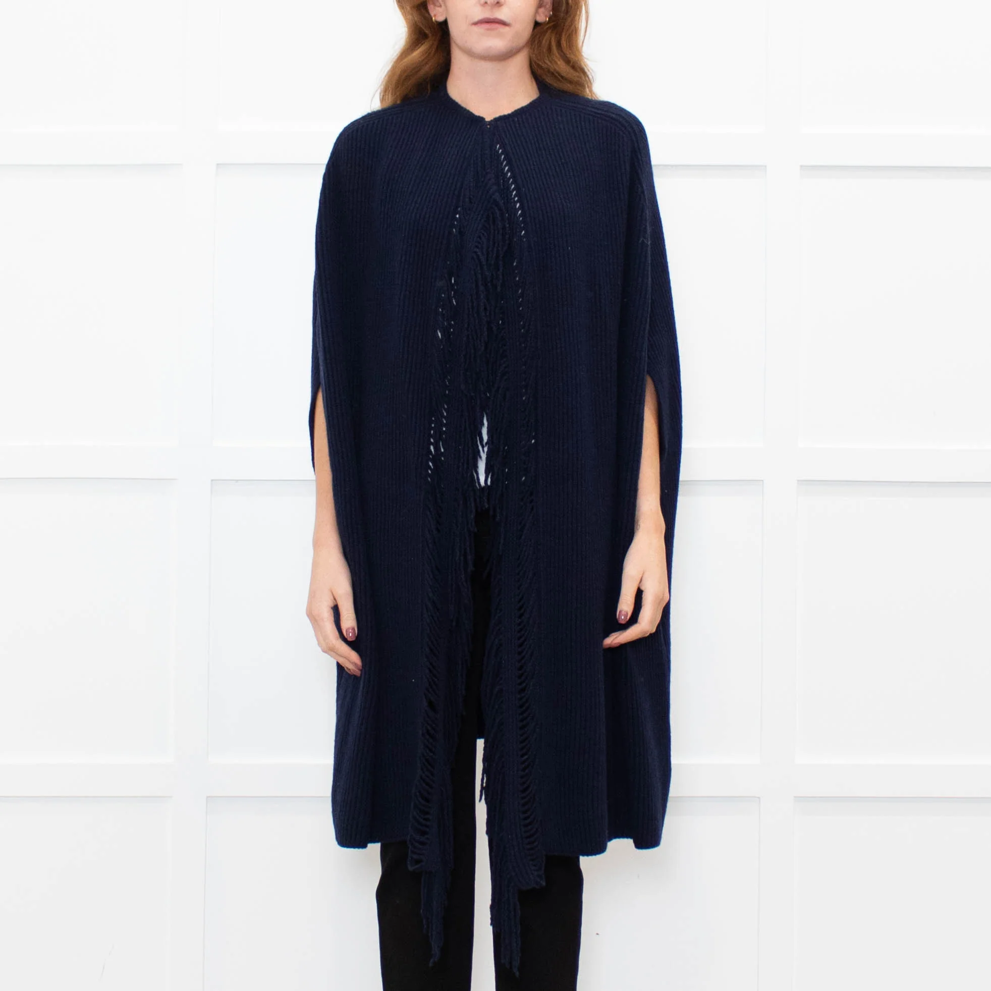 Stella McCartney Navy Front Fringe Sleeveless Knit Cape - Image 2