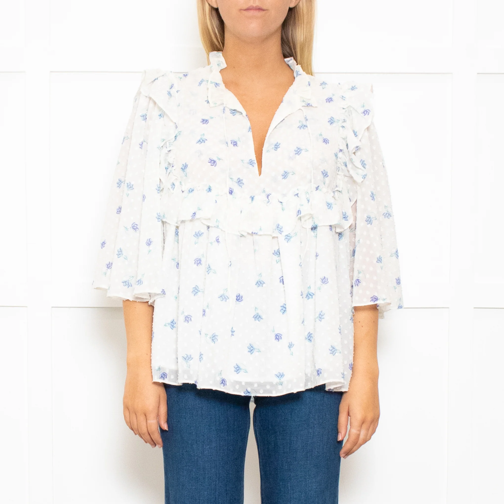 Stella Nova White Frilled Blouse with Blue Flowers - Image 2