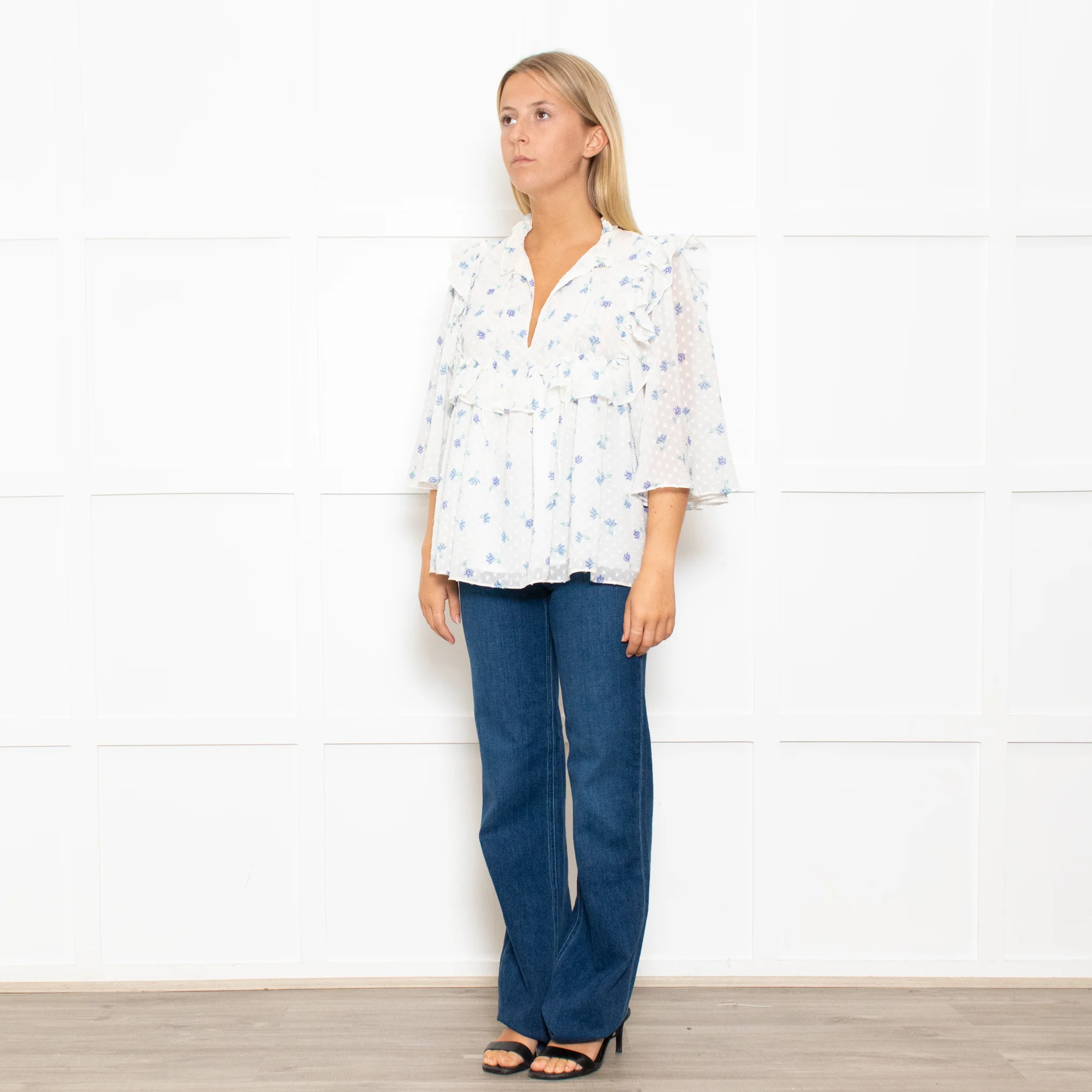 Stella Nova White Frilled Blouse with Blue Flowers - Image 3