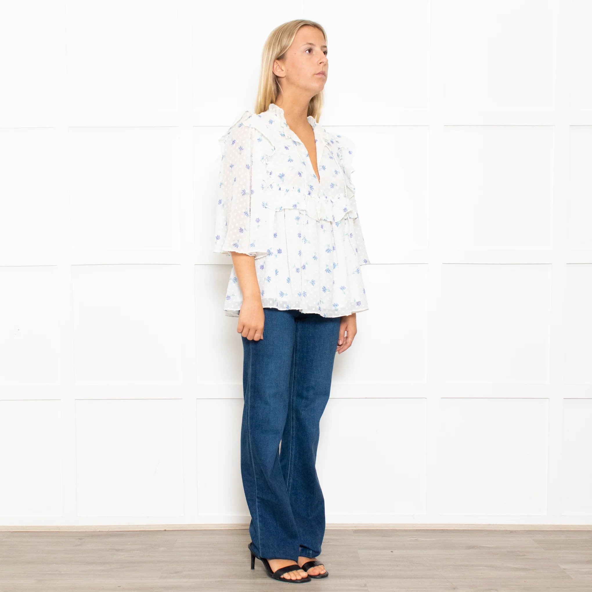 Stella Nova White Frilled Blouse with Blue Flowers - Image 7