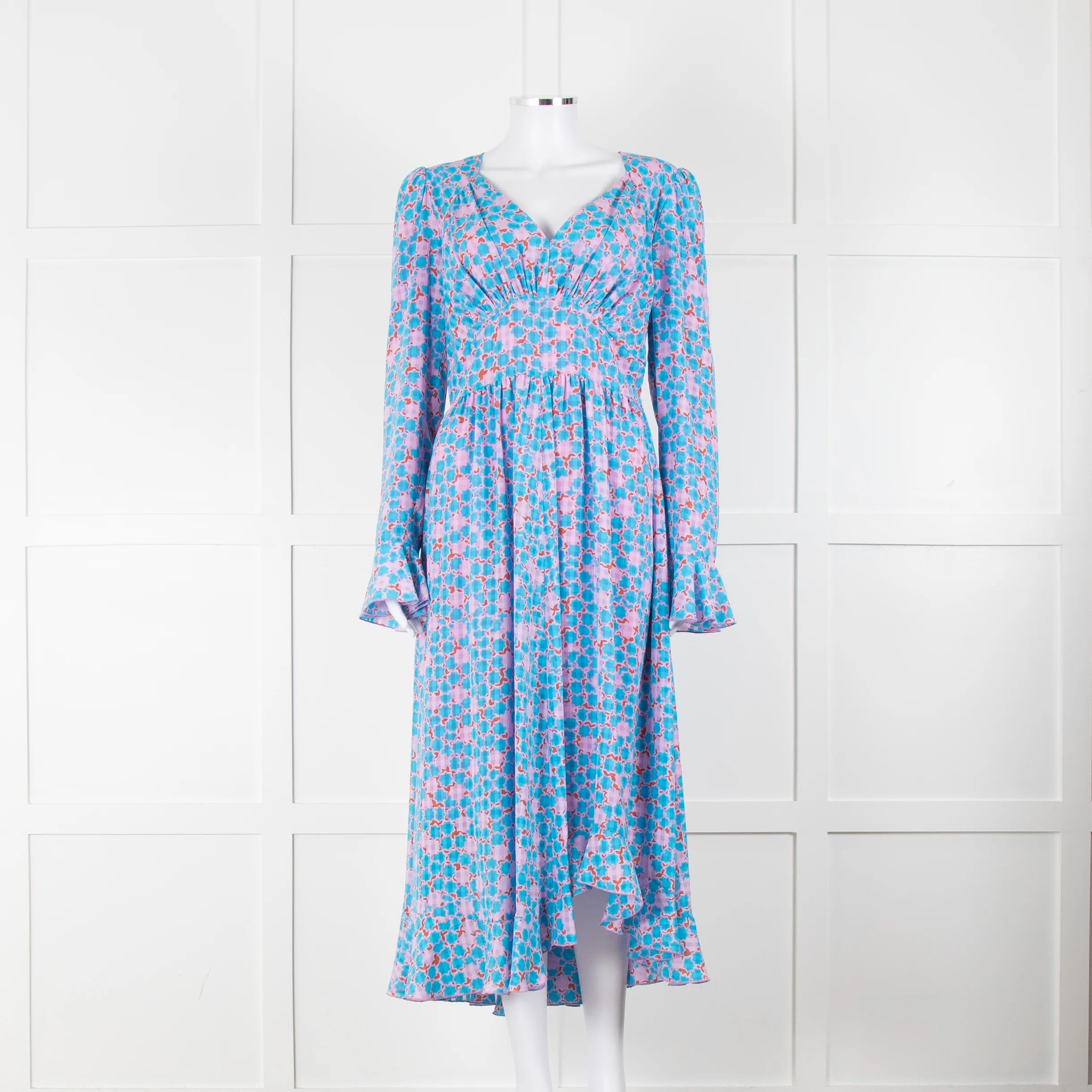 Stine Goya Blue Pink Orange Geometric Print Long Sleeve Maxi Dress
