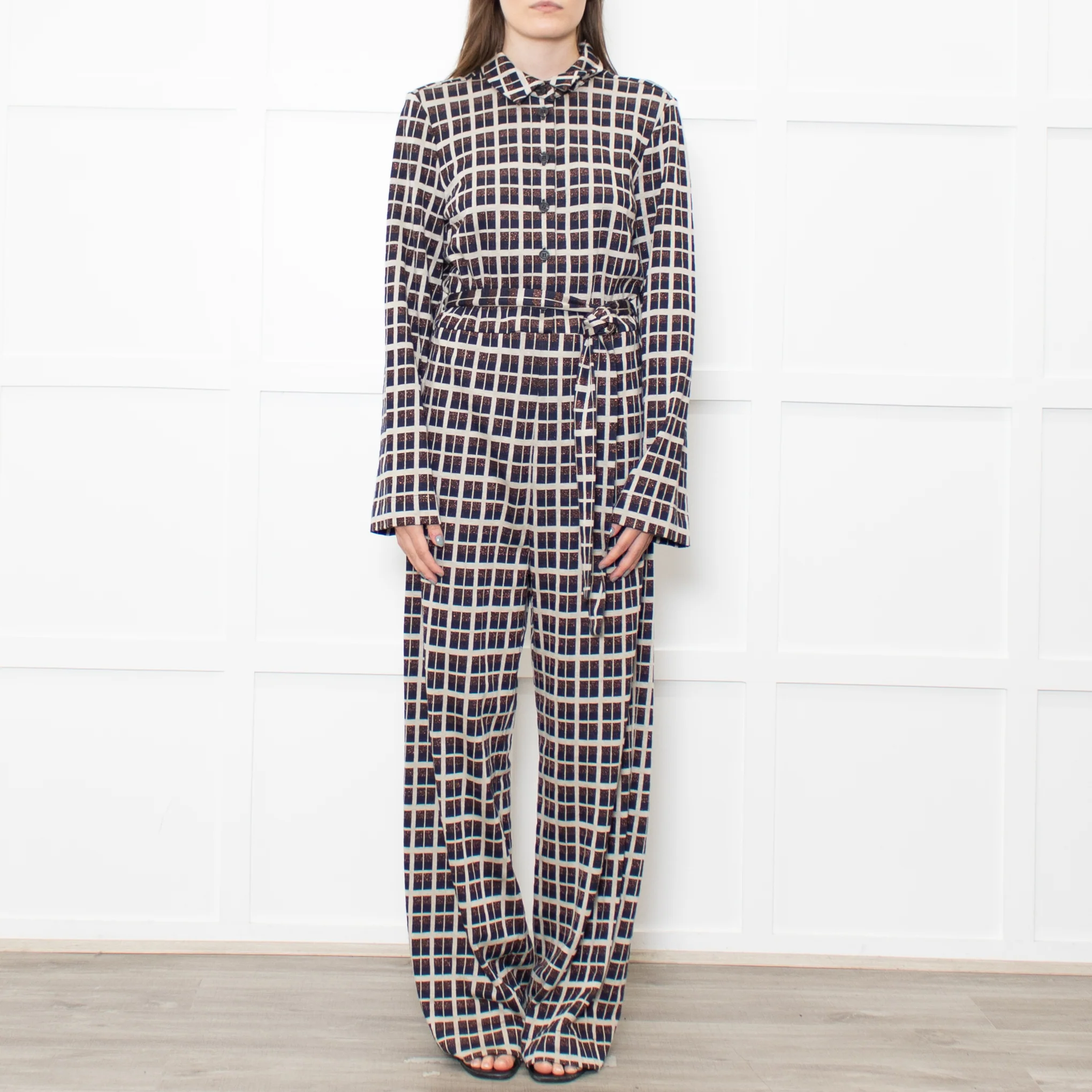 Stine Goya Light Grey Navy Copper Check Jersey Jumpsuit - Image 2