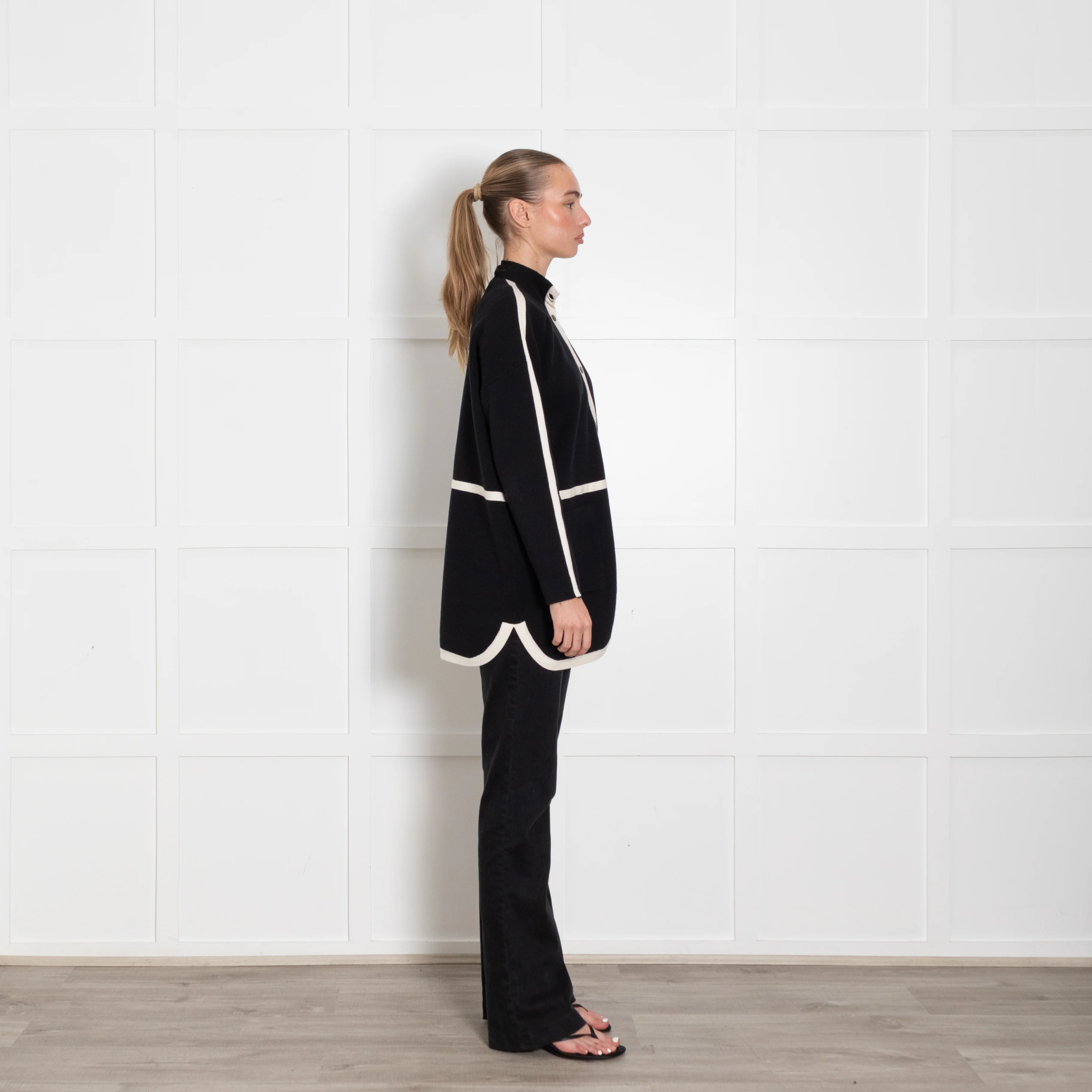 Strenesse Black Long Cardigan with Cream Piping And Popper Front - Image 6