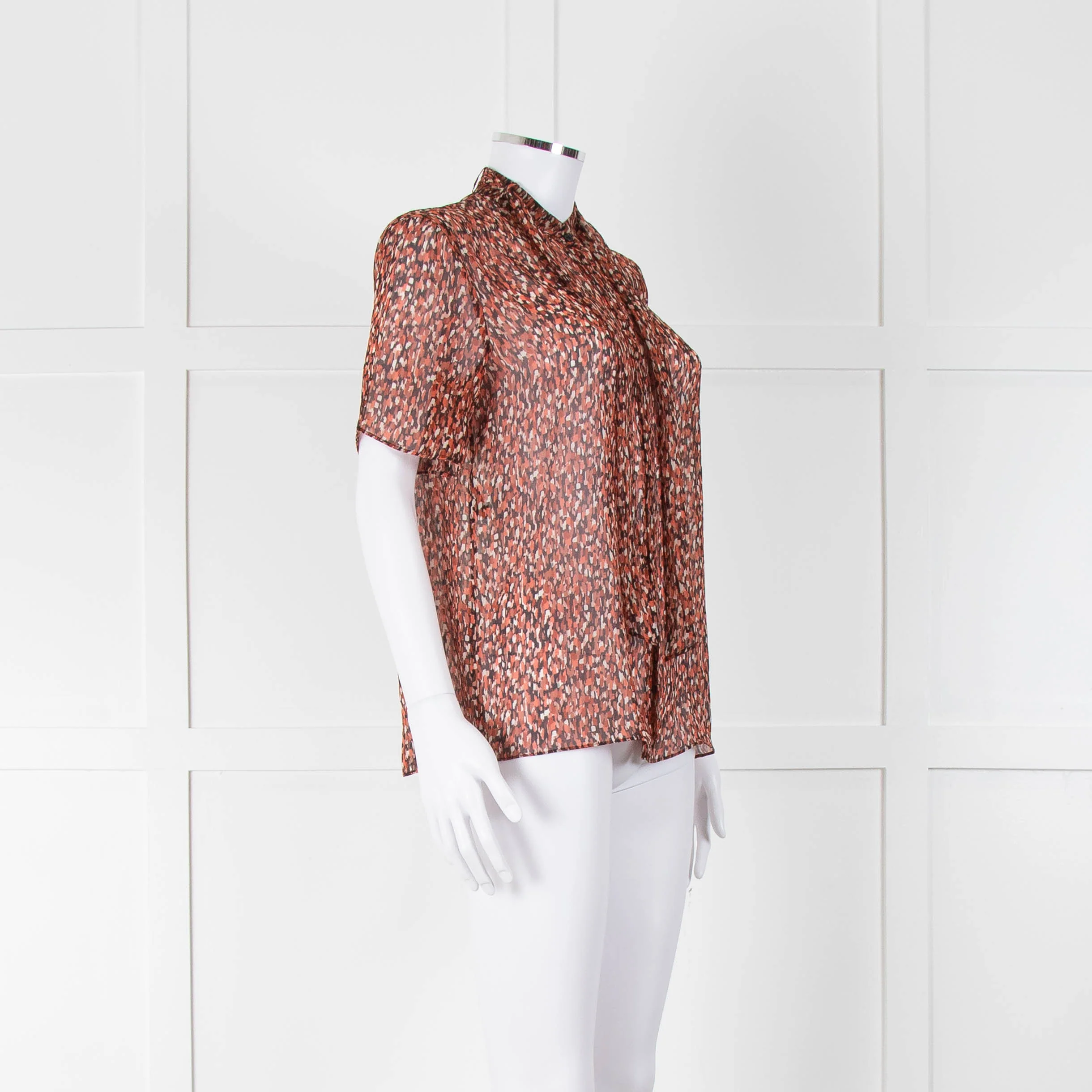 Strenesse Orange Brown Sheer Neck Tie Short Sleeve Top - Image 2