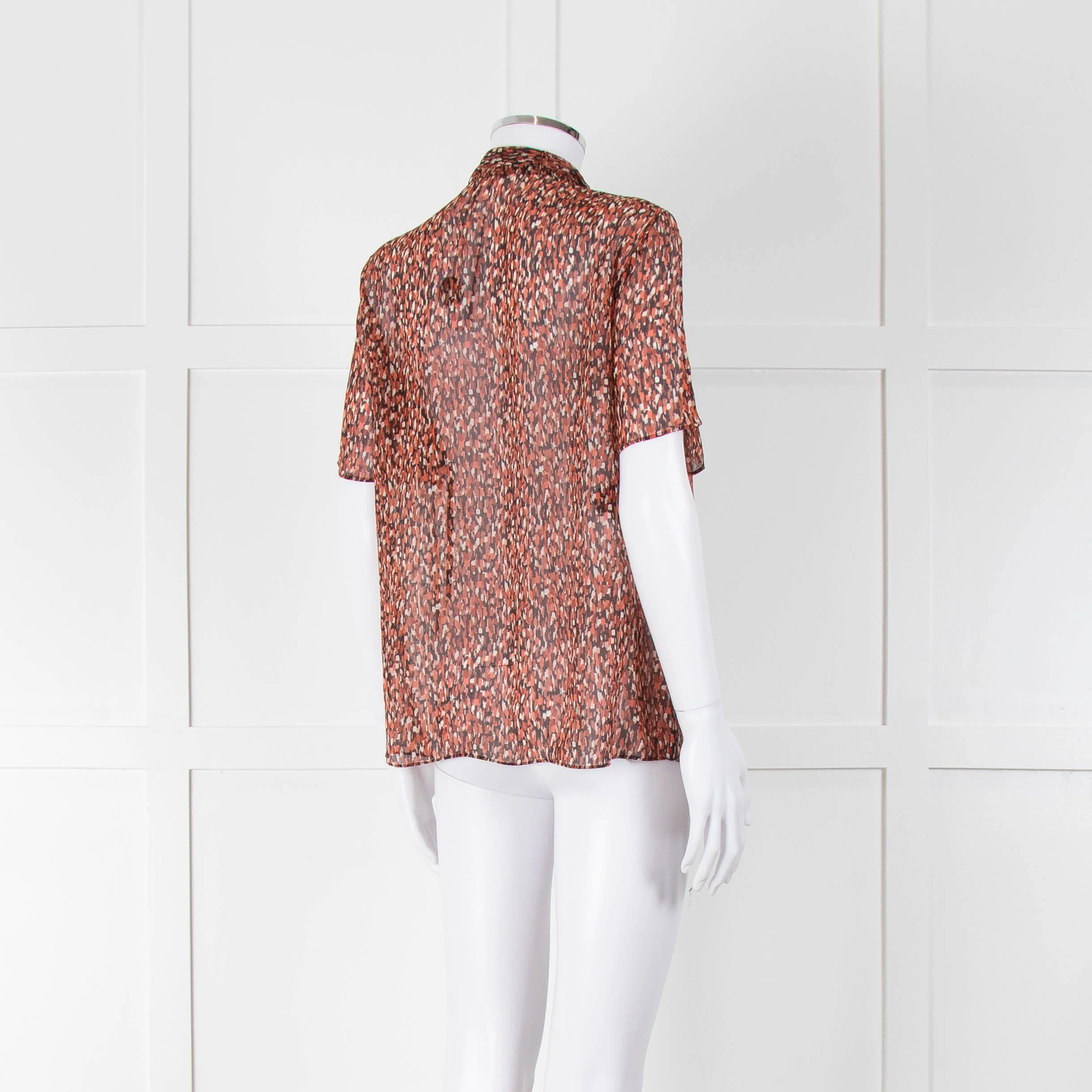 Strenesse Orange Brown Sheer Neck Tie Short Sleeve Top - Image 4